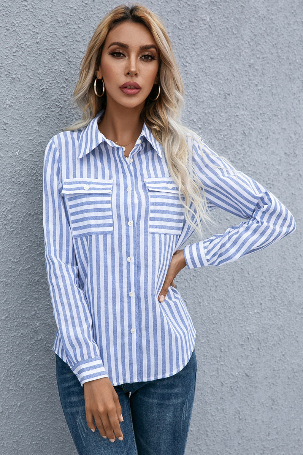 Striped Flap Pocket Button Down Shirt - Absolute Fashion 2020