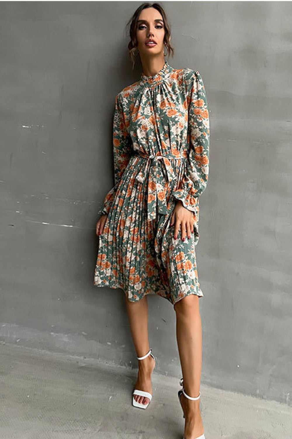 Floral Tie Waist Pleated Dress