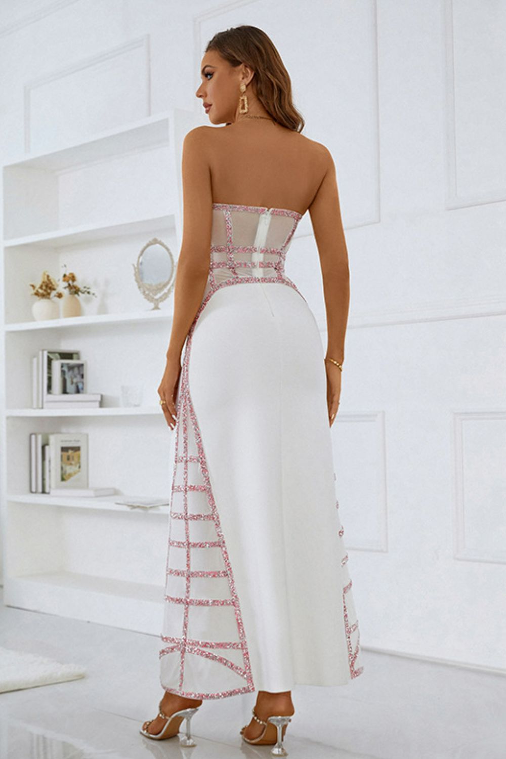 Sequin Spliced Mesh Strapless Dress