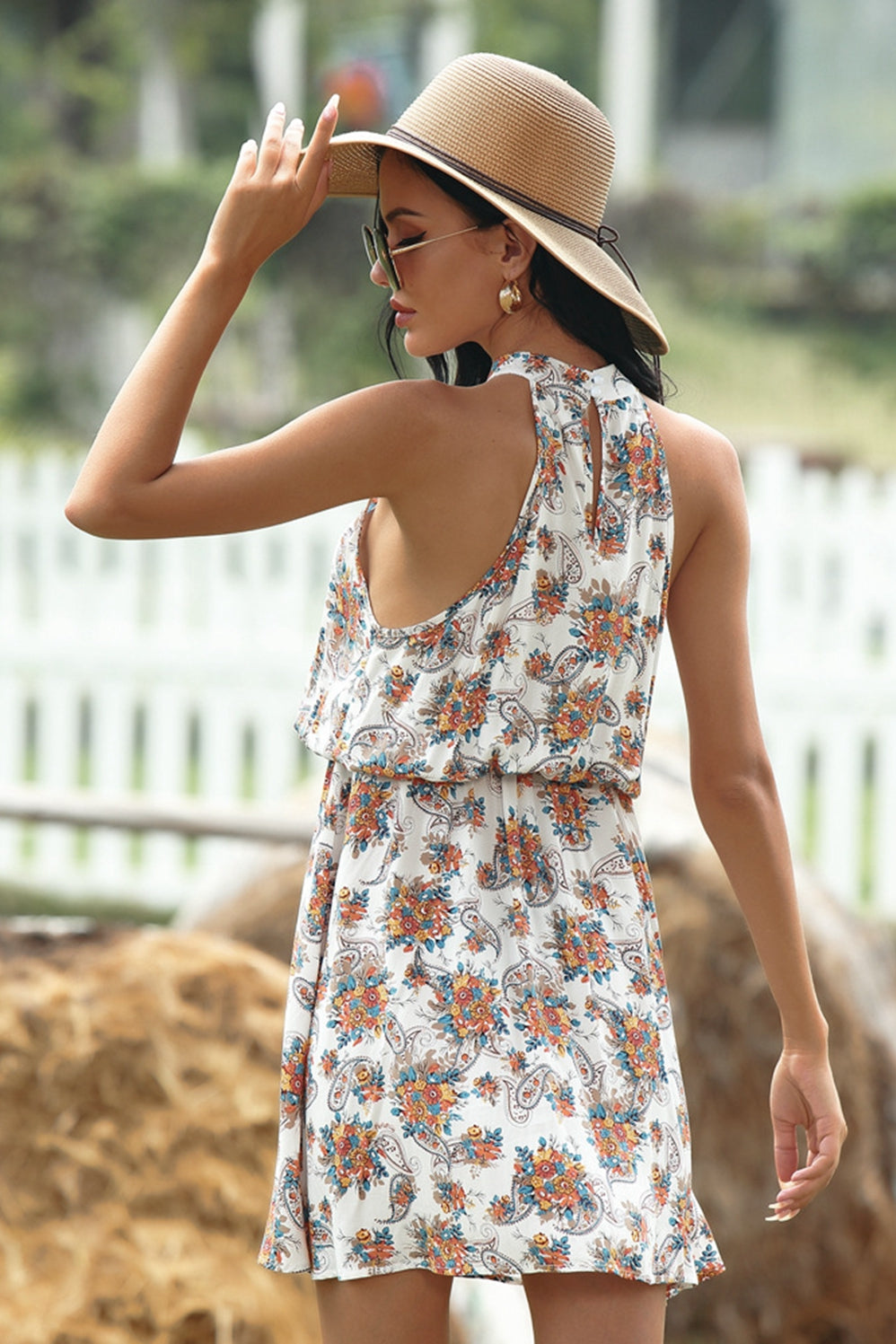 Floral Halter Neck Strap Elastic Waist Dress