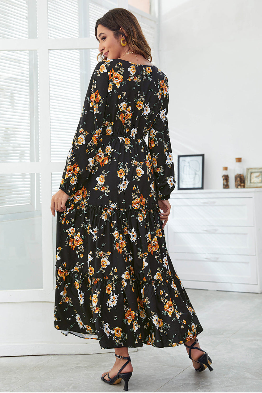 Floral Slit Hem Tiered Midi Dress