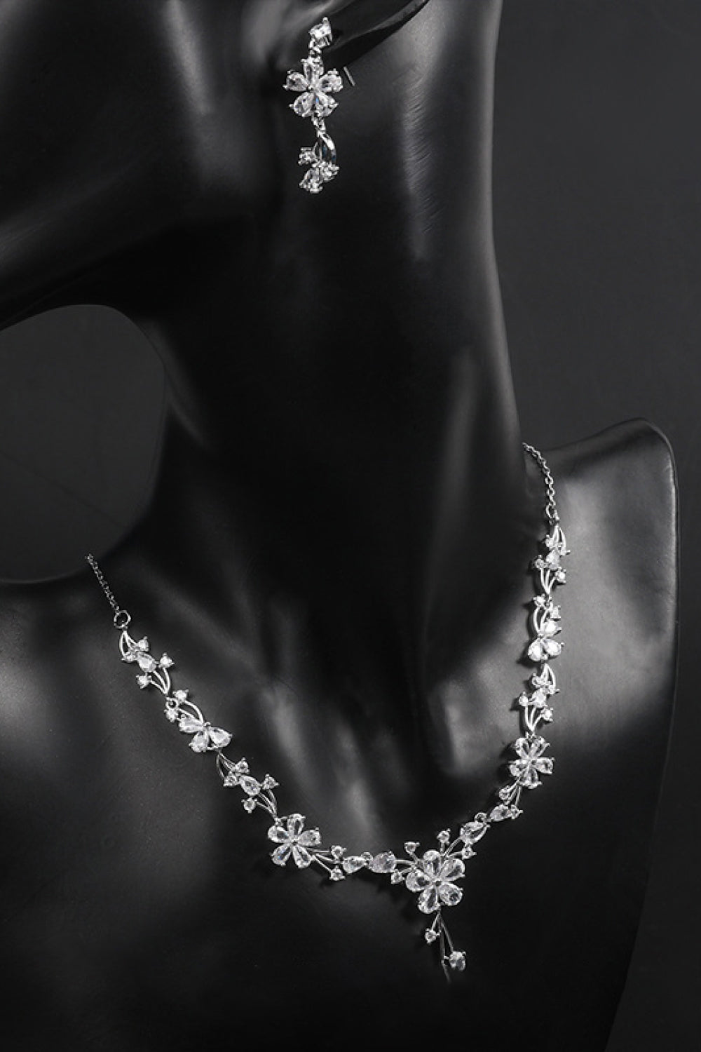 Flower Cubic Zirconia Necklace and Drop Earrings Set