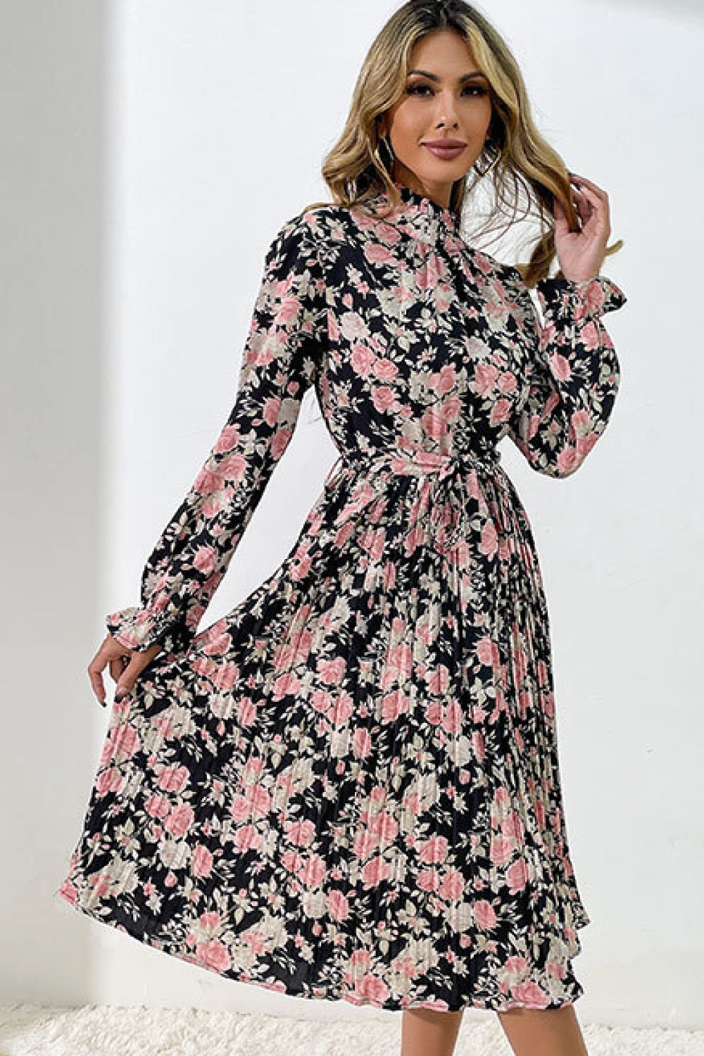 Floral Tie Waist Pleated Dress