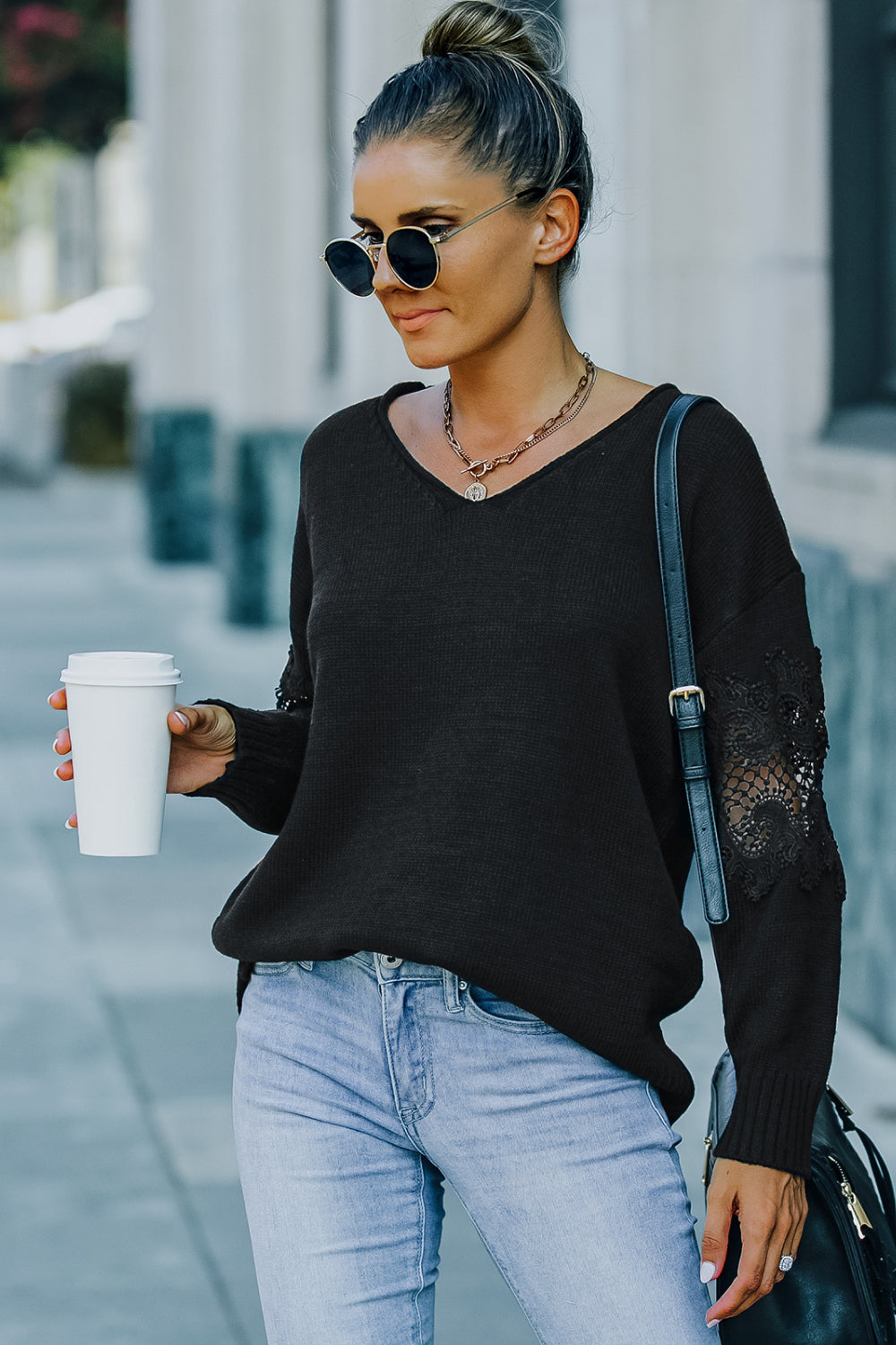 Lace Up Sleeve Drop Shoulder Sweater