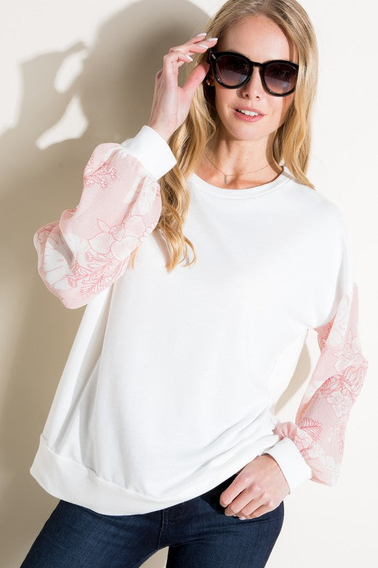 Floral Print Solid Mixed Volume Sleeve Top