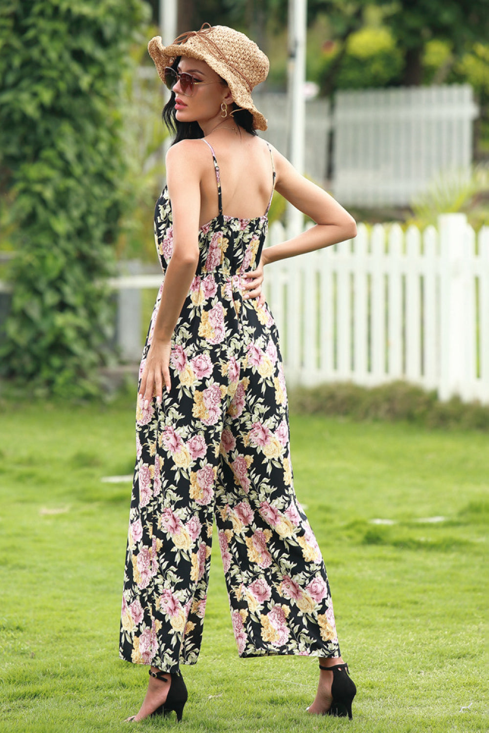 Floral Print Deep V-neckline Jumpsuits