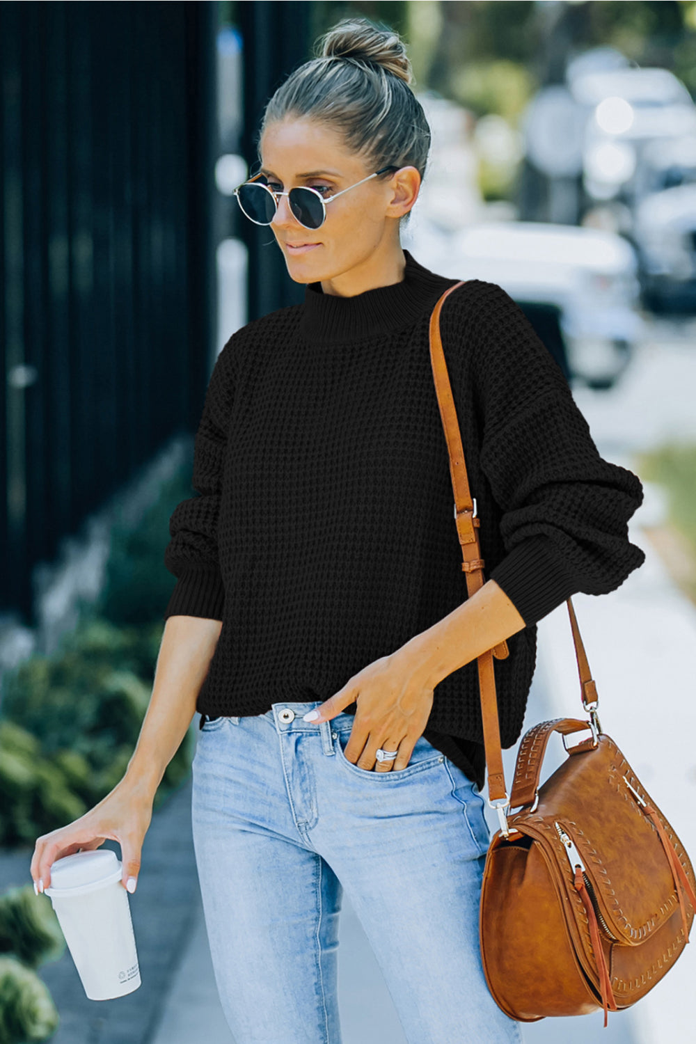 Ribbed Detail Mock Neck Waffle Sweater - Absolute Fashion 2020