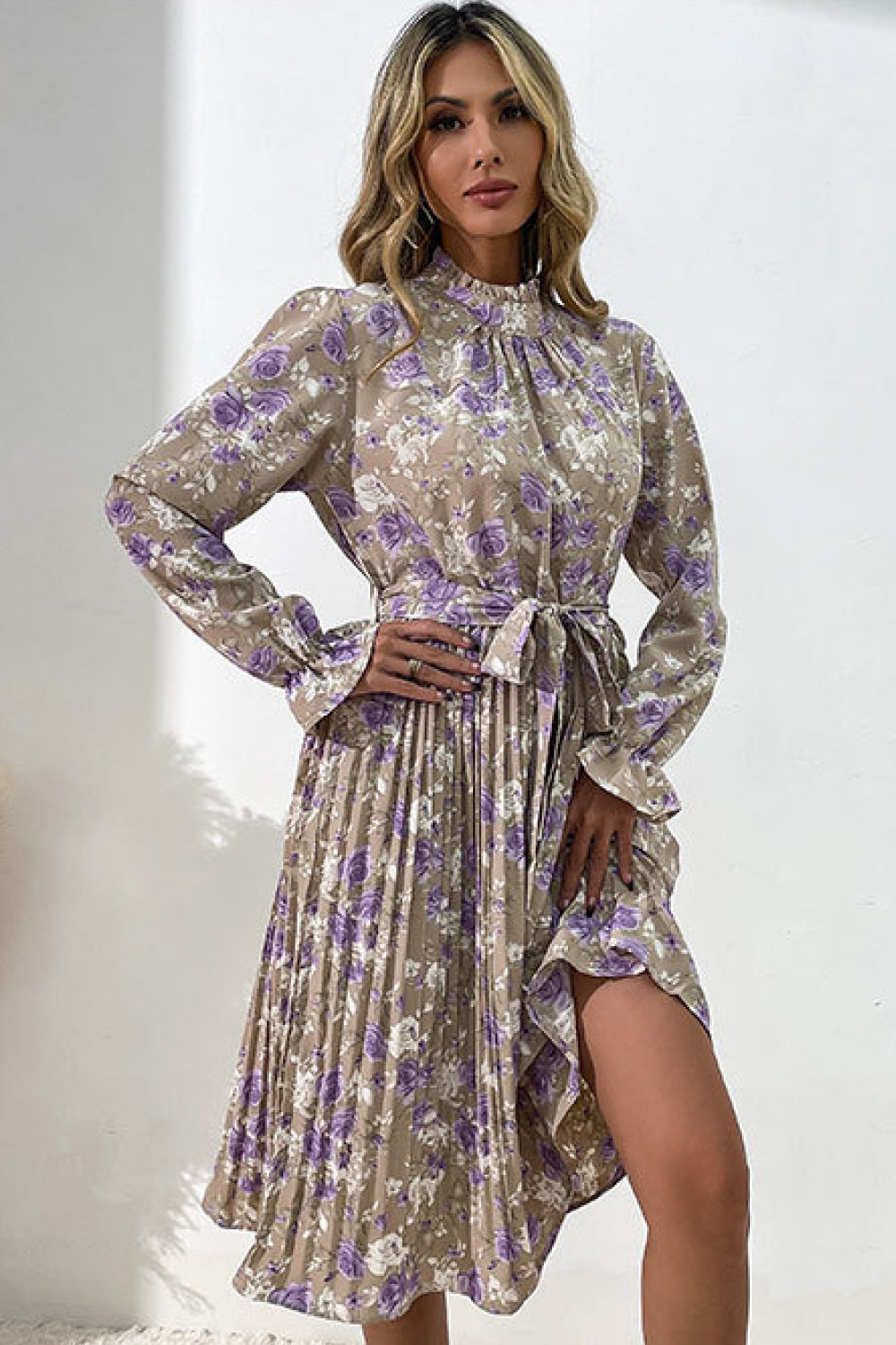 Floral Tie Waist Pleated Dress