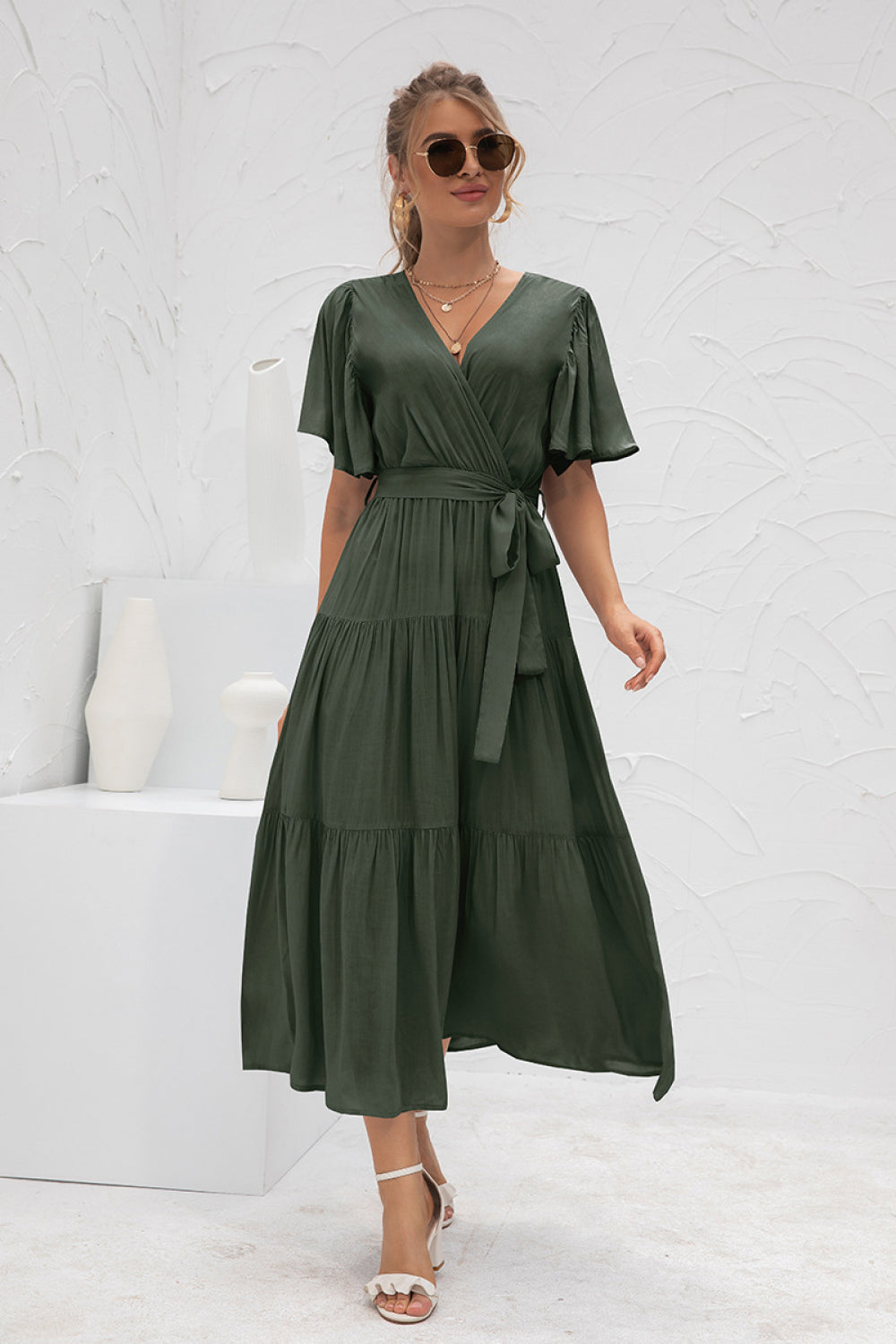 Flutter Sleeve Wrap Front Tie Dress - Absolute Fashion 2020