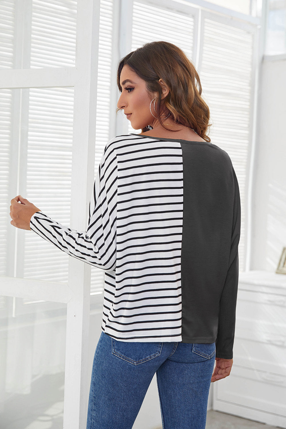 Striped Spliced V-Neck Long-Sleeve T-Shirt