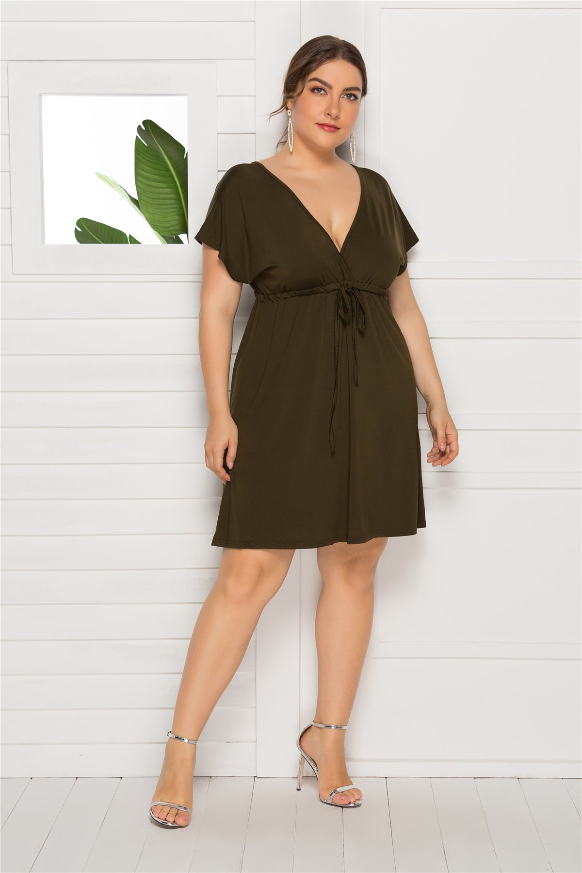 Drawstring Waist Surplice Short Sleeve Dress