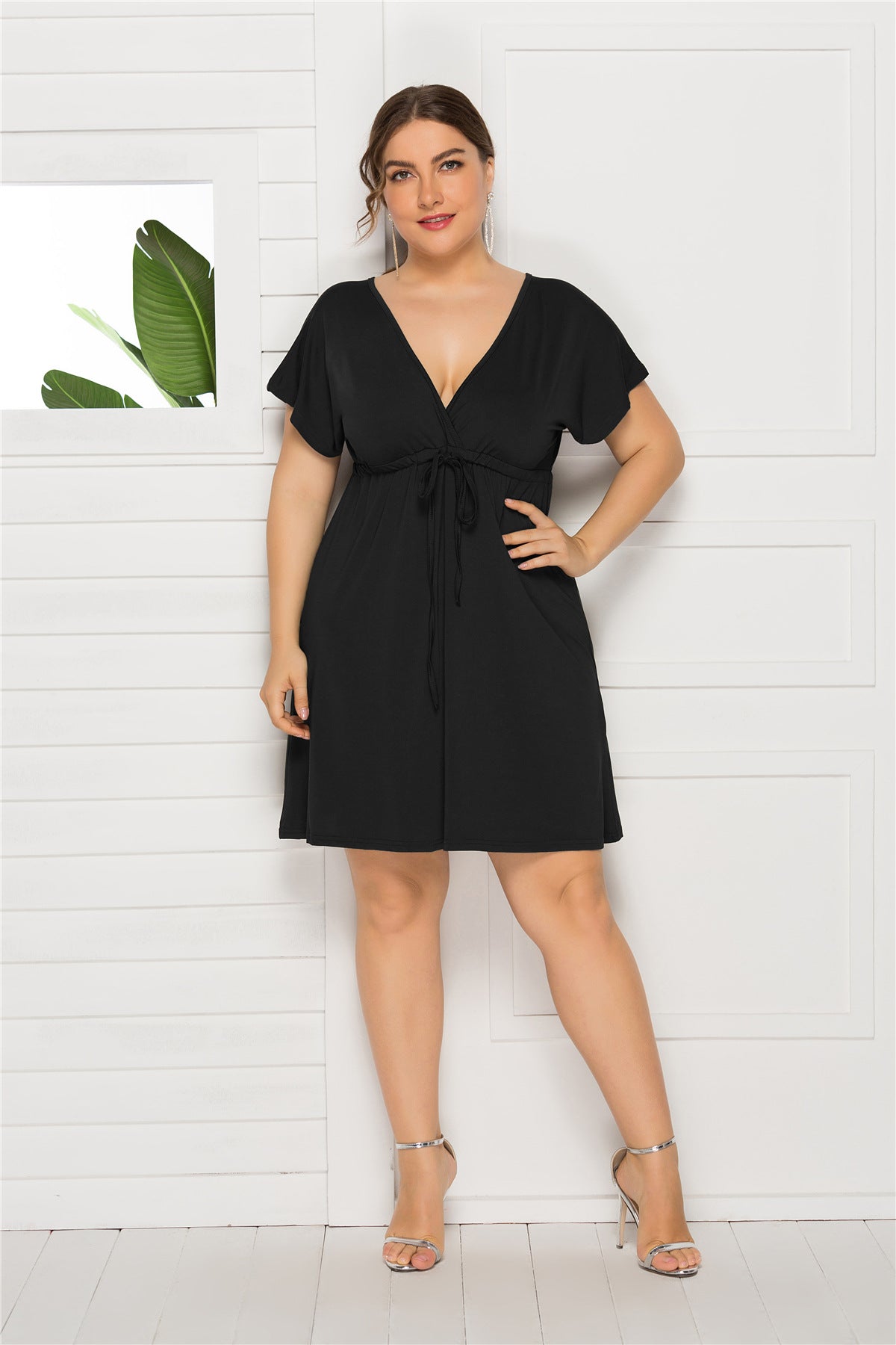 Drawstring Waist Surplice Short Sleeve Dress