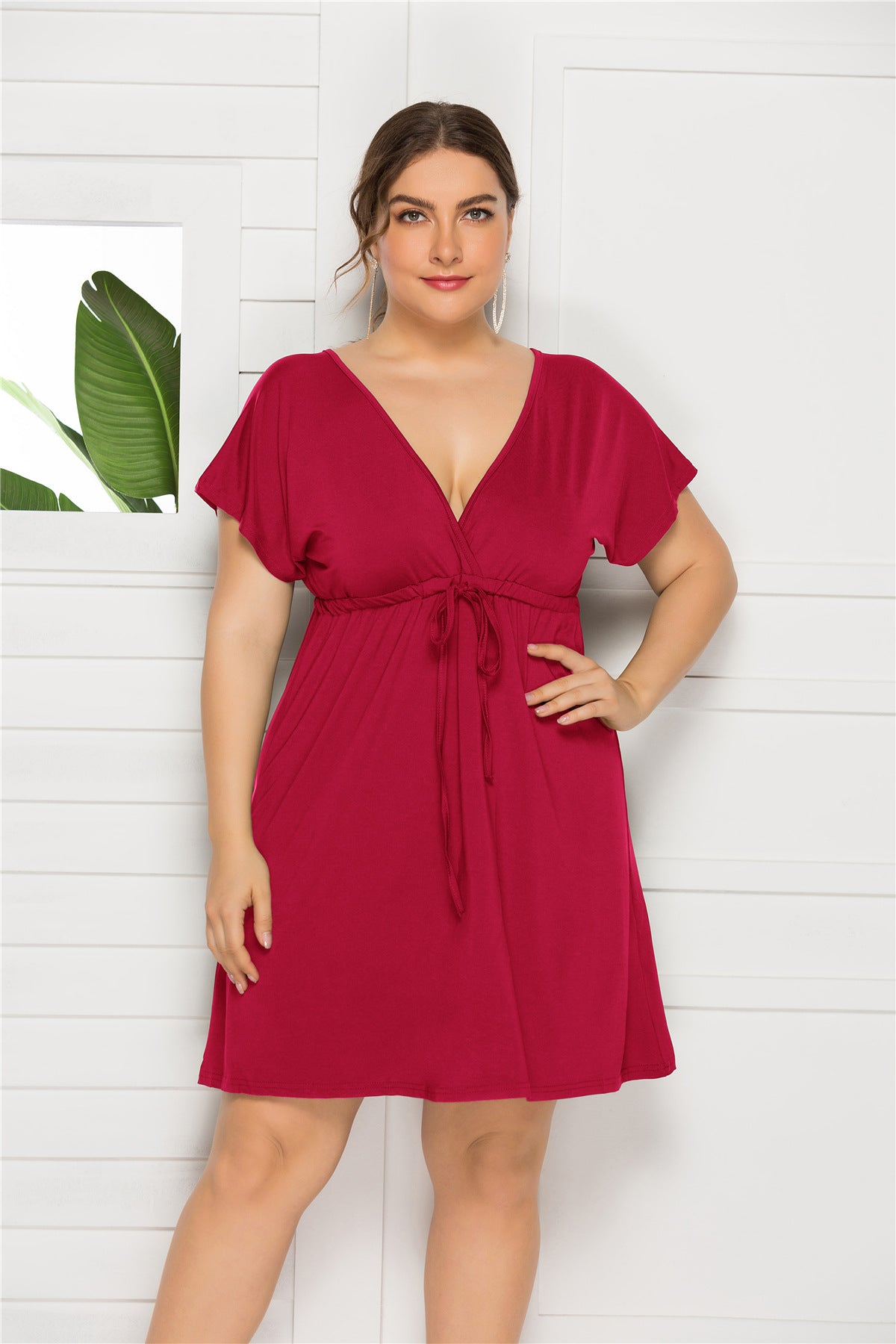 Drawstring Waist Surplice Short Sleeve Dress
