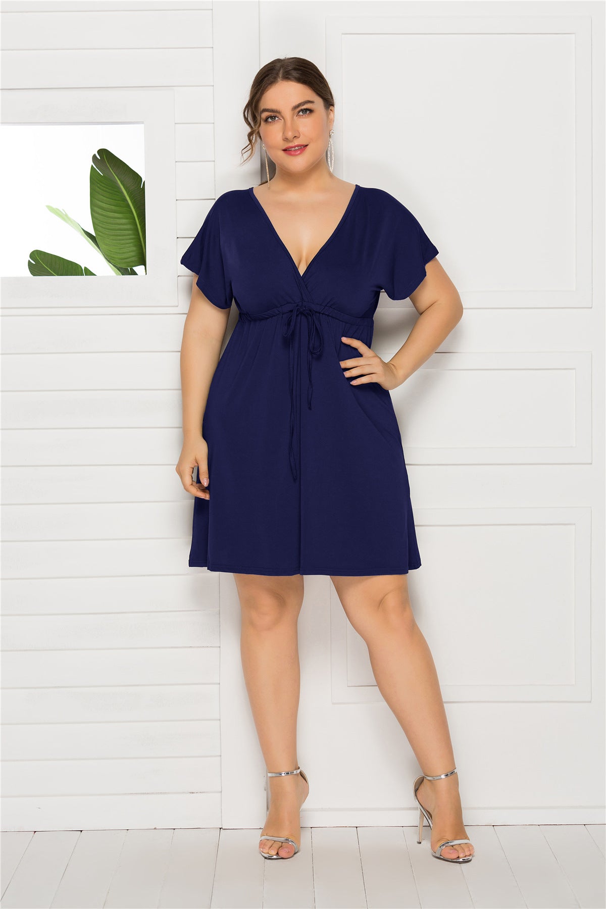 Drawstring Waist Surplice Short Sleeve Dress