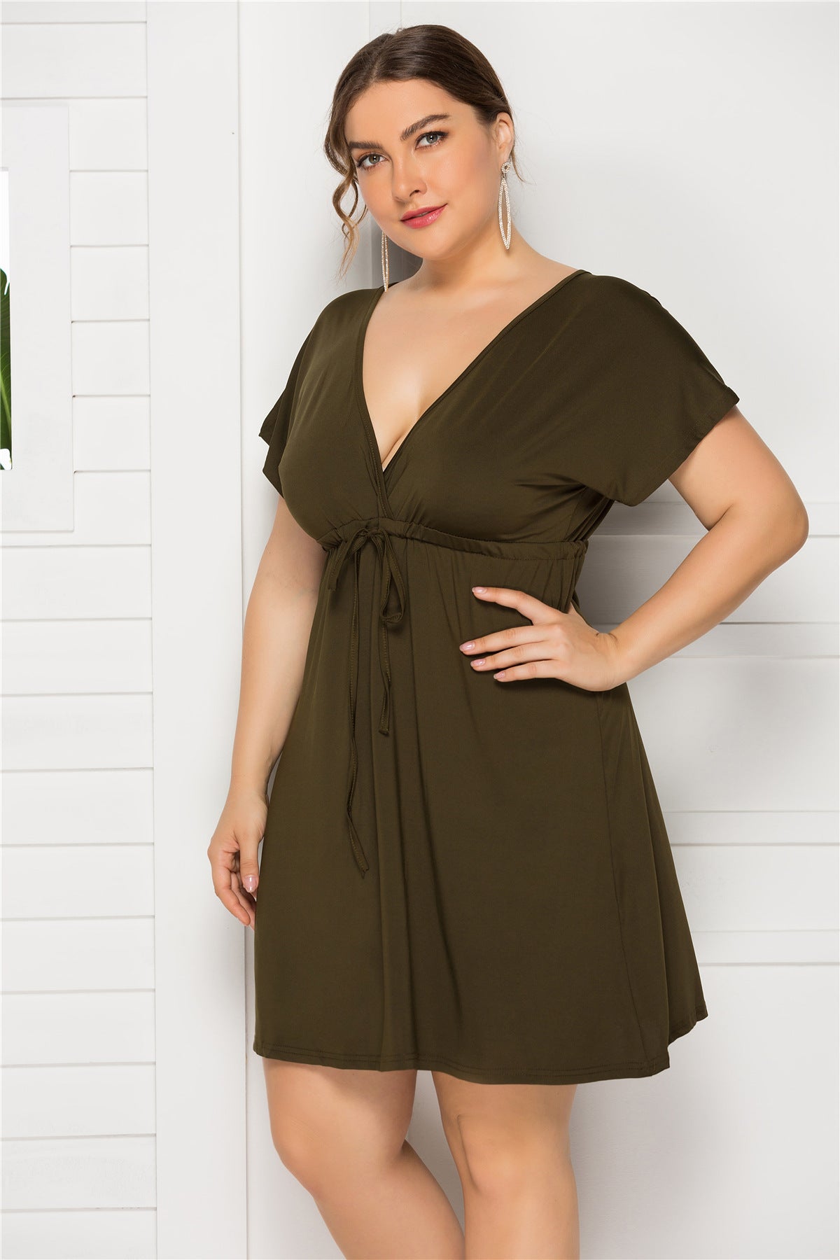 Drawstring Waist Surplice Short Sleeve Dress