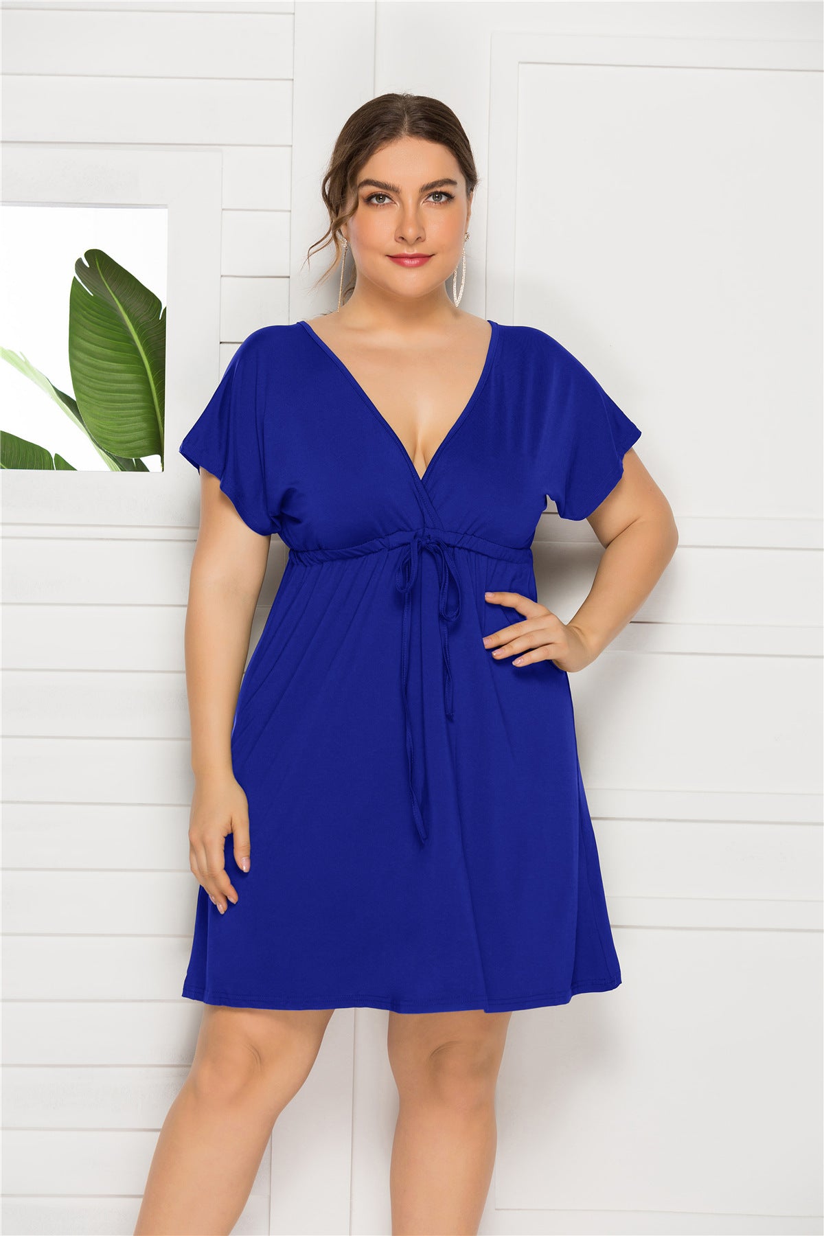 Drawstring Waist Surplice Short Sleeve Dress