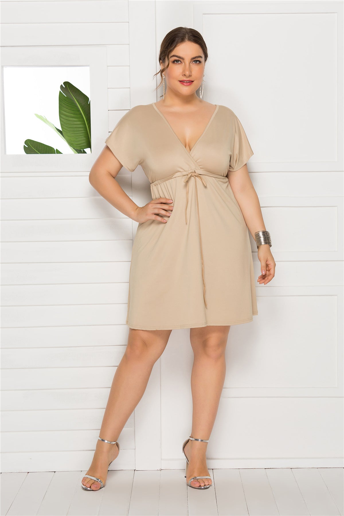 Drawstring Waist Surplice Short Sleeve Dress