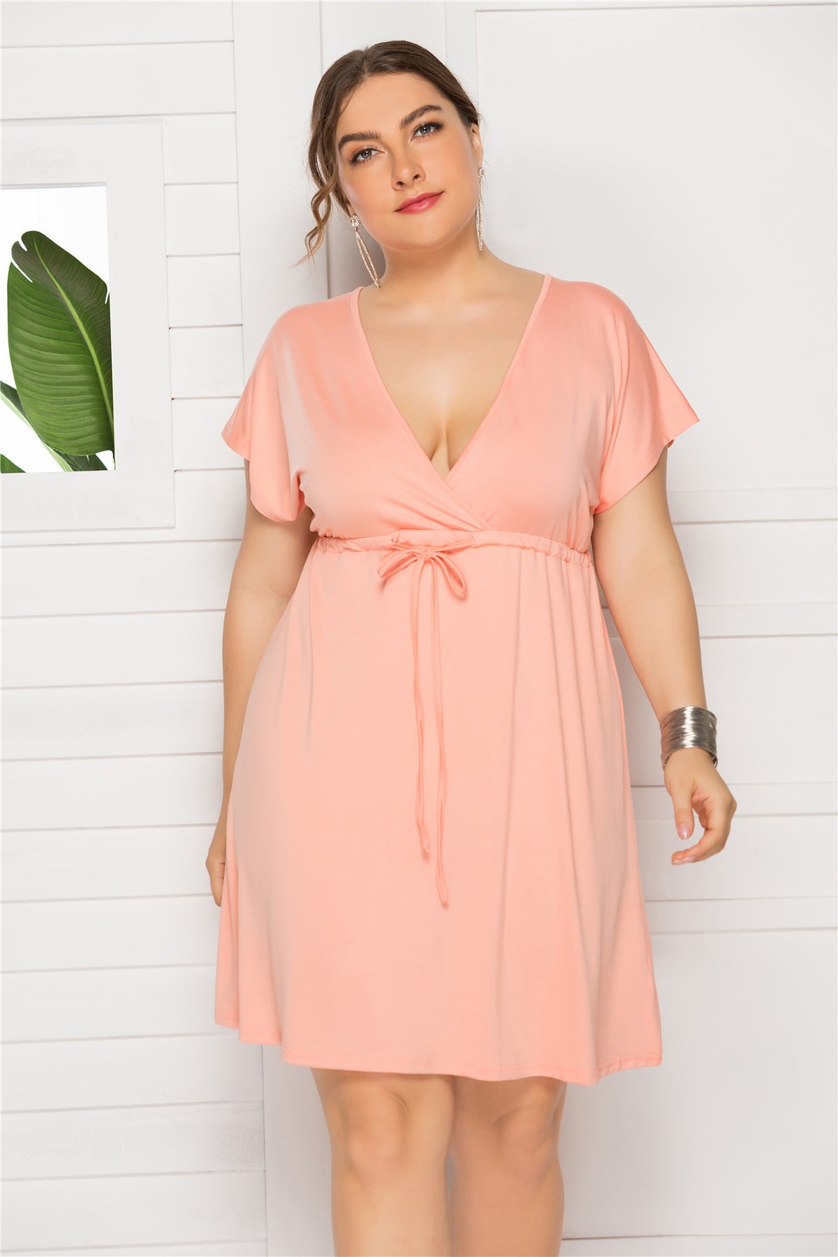 Drawstring Waist Surplice Short Sleeve Dress