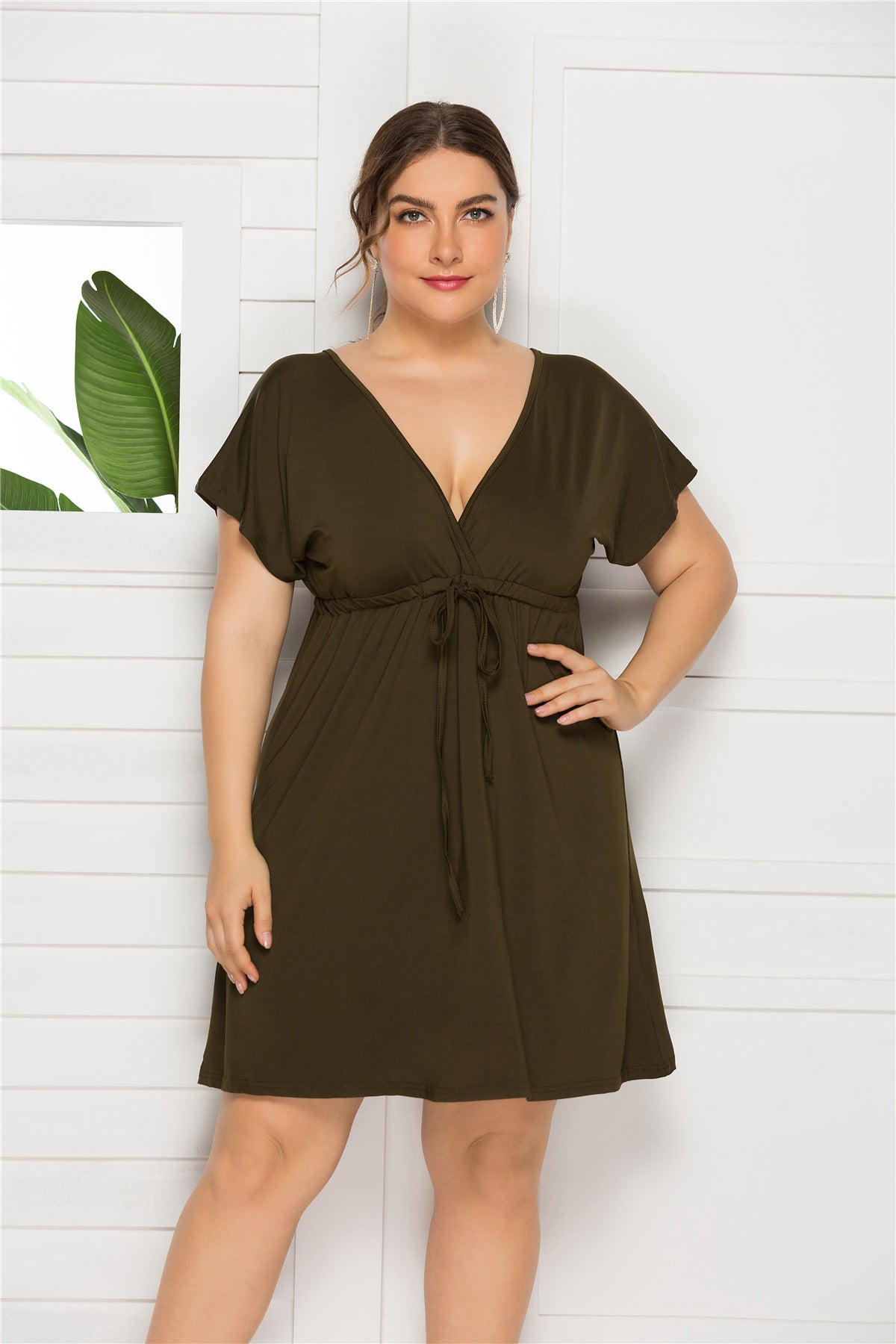 Drawstring Waist Surplice Short Sleeve Dress