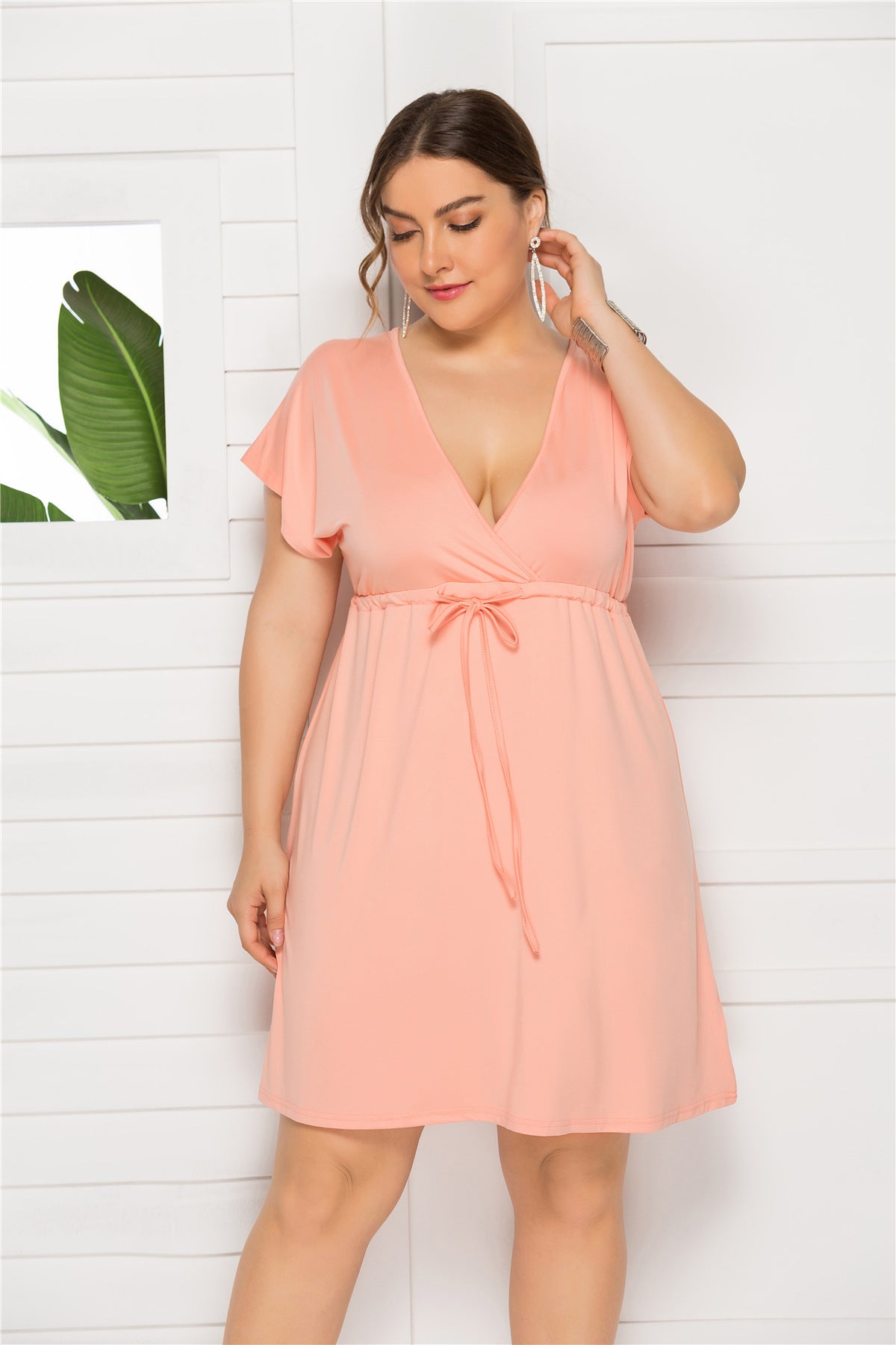 Drawstring Waist Surplice Short Sleeve Dress