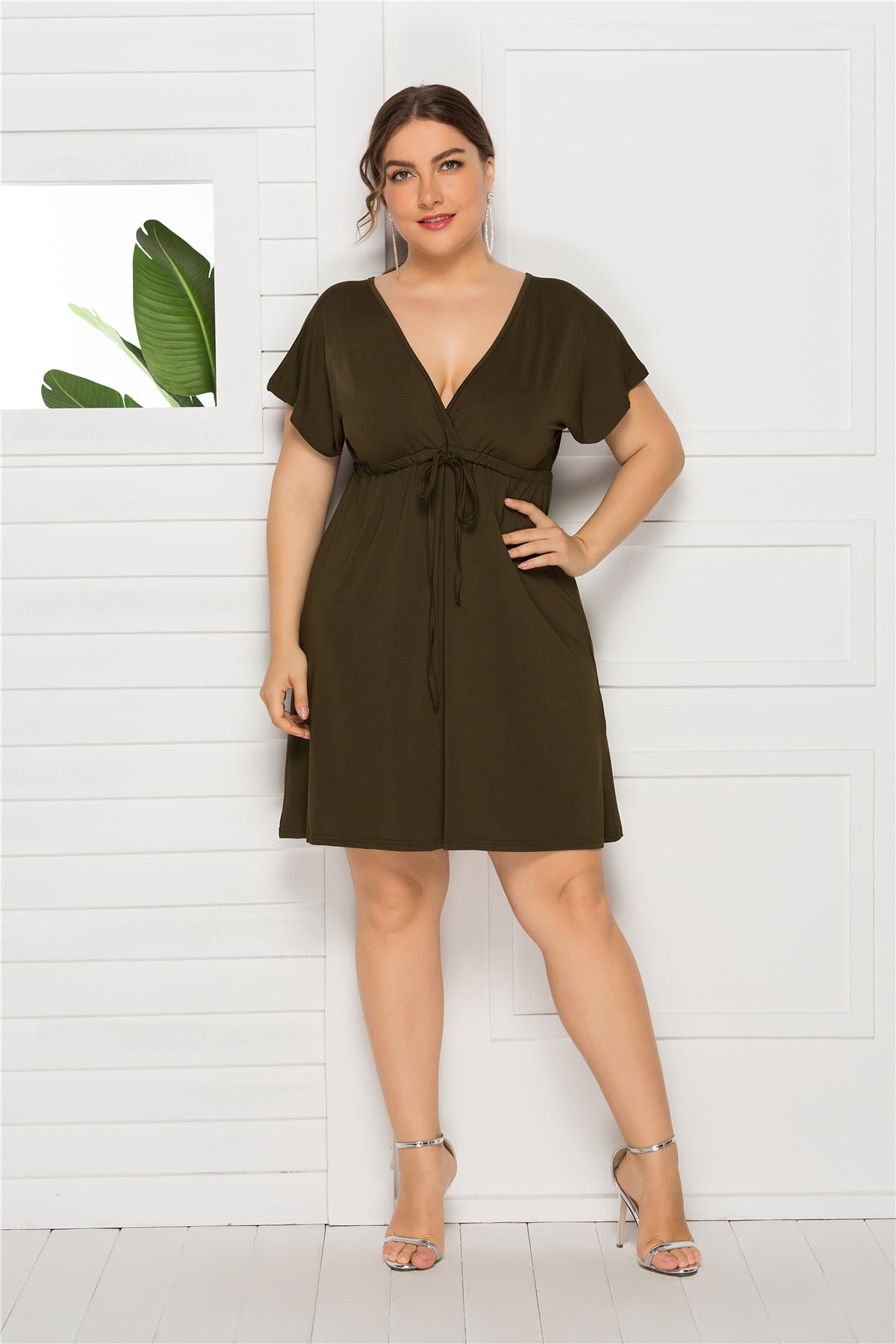 Drawstring Waist Surplice Short Sleeve Dress