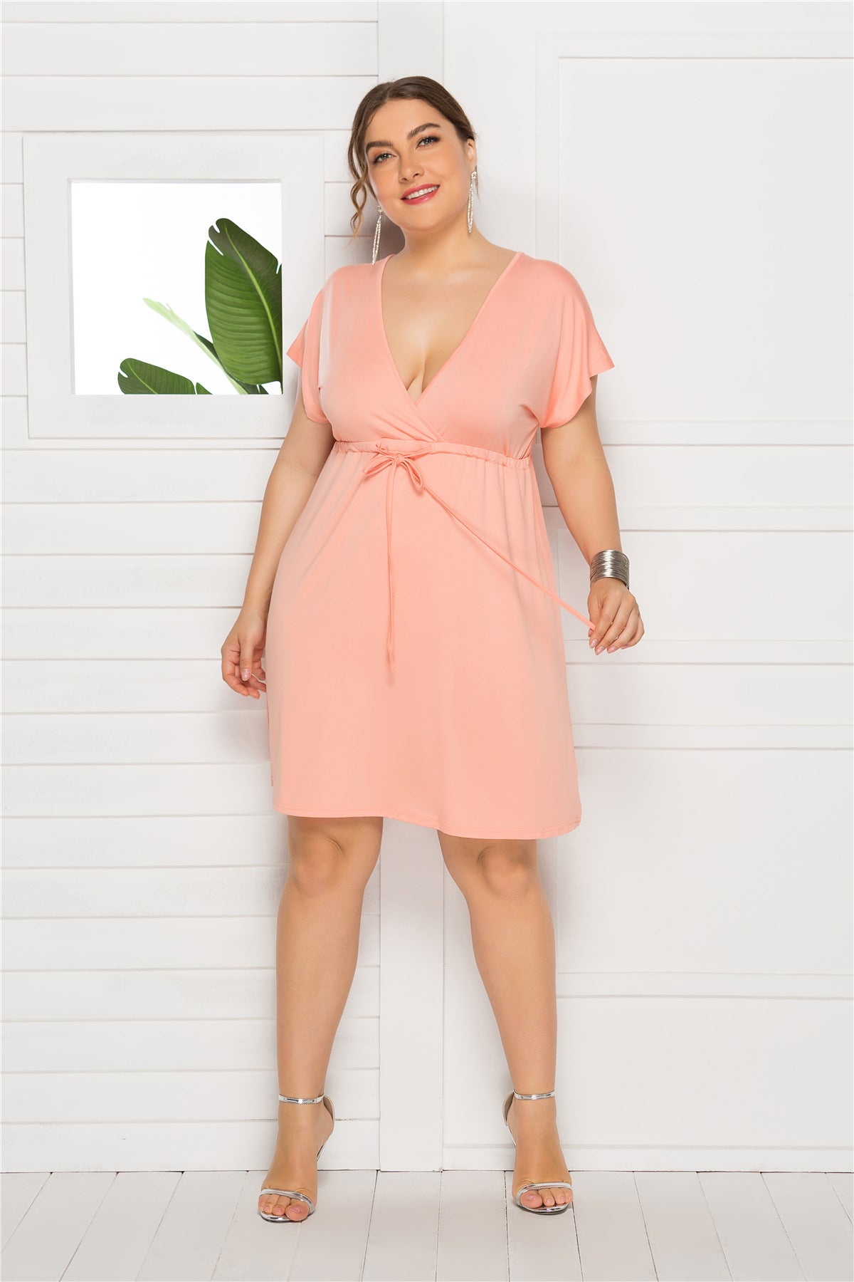 Drawstring Waist Surplice Short Sleeve Dress