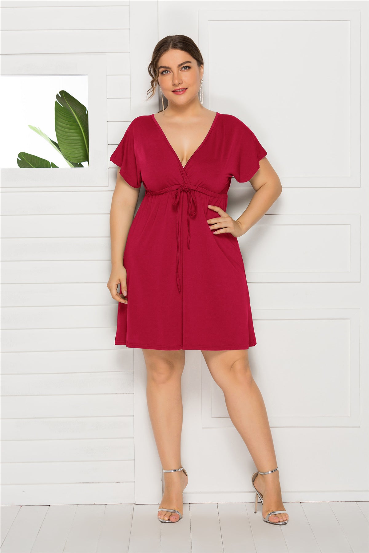 Drawstring Waist Surplice Short Sleeve Dress