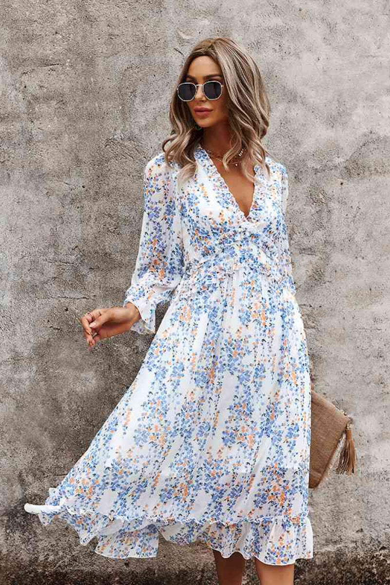 Ditsy Floral Deep V Ruffle Hem Dress - Absolute Fashion 2020