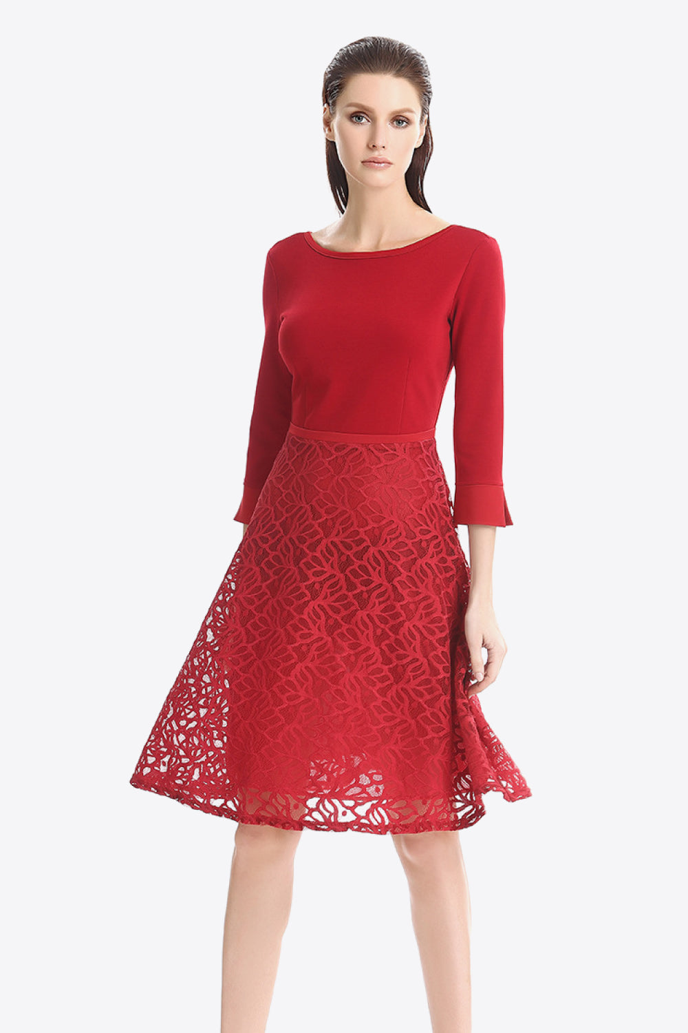 Full Size Three-Quarter Sleeve Spliced Lace Dress