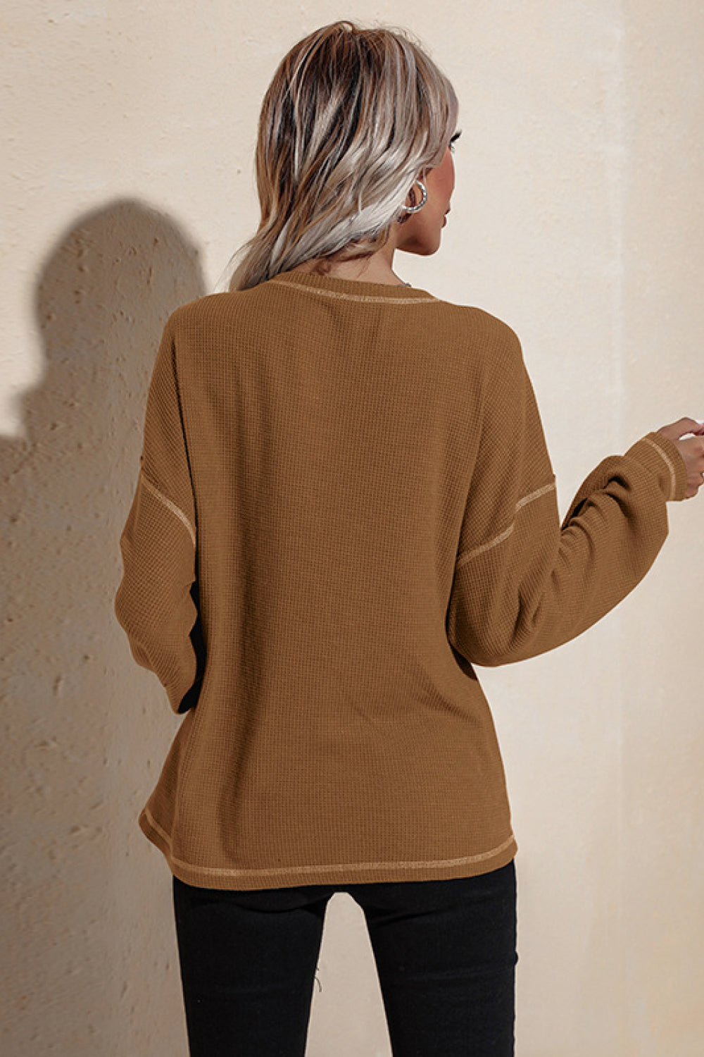 Contrast binding Drop Shoulder Waffle Top