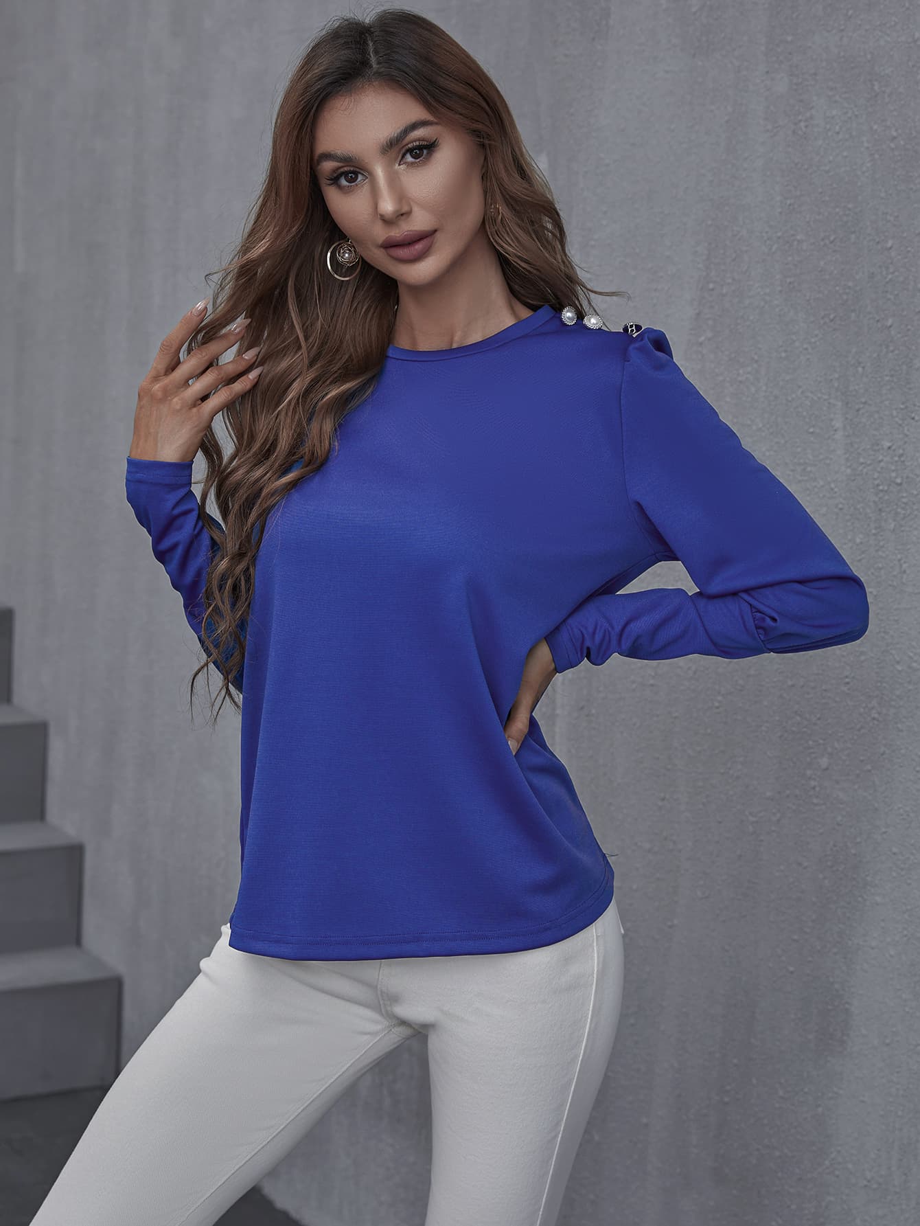 Decorative Button Lantern Sleeve Crewneck Top