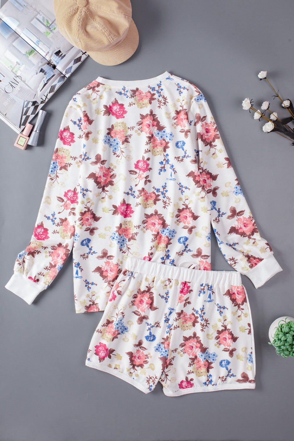 Floral Long Sleeve Top and Shorts Lounge Set - Absolute Fashion 2020
