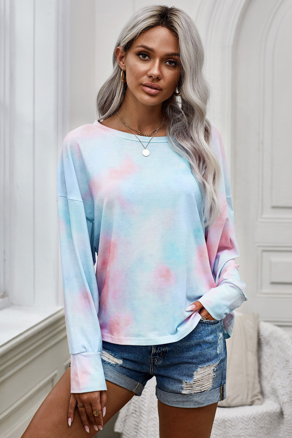 Tie-Dye Boat Neck Batwing Sleeve Tee - Absolute Fashion 2020