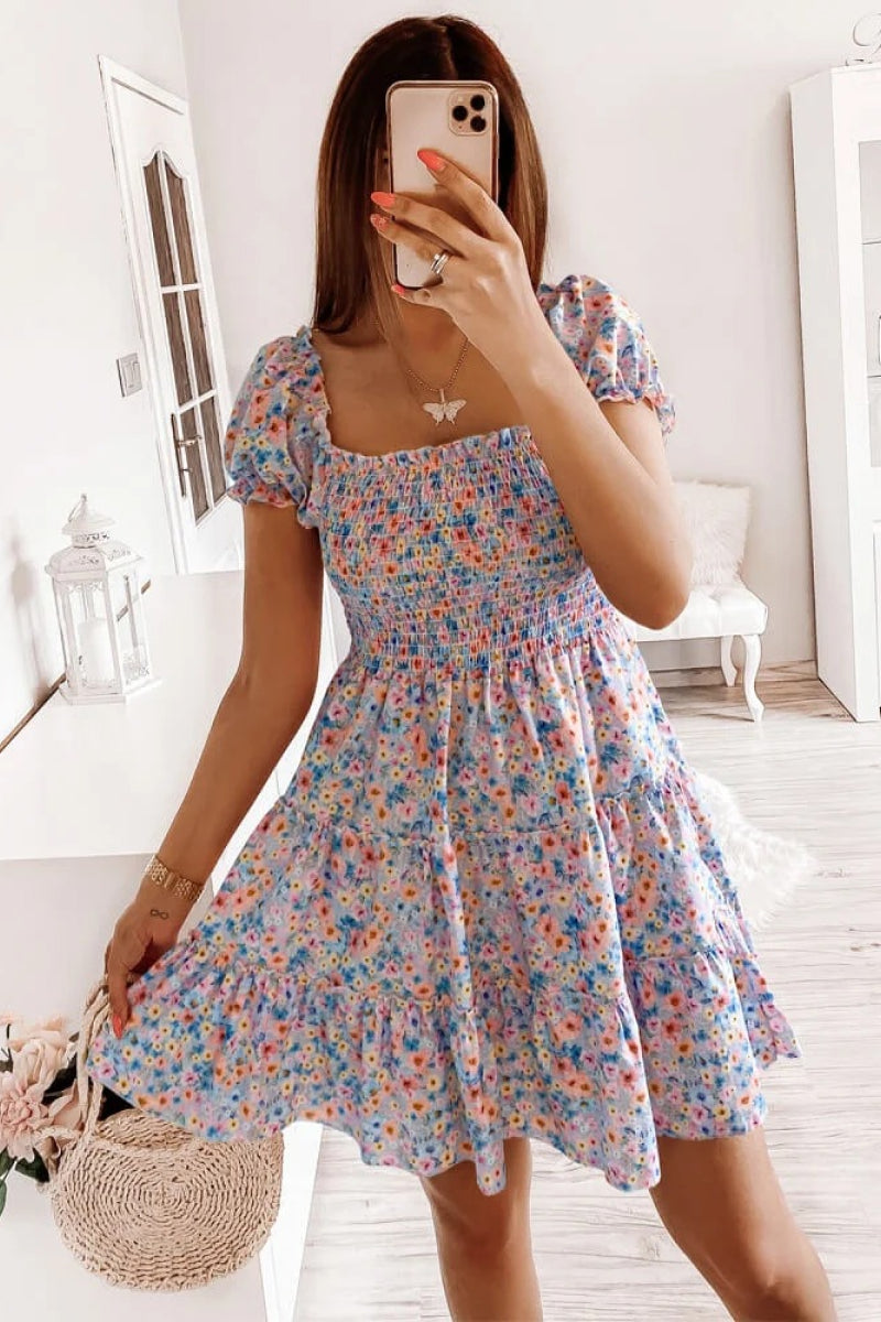 Square Neck Shirred Ruffle Hem Mini Dress - Absolute Fashion 2020