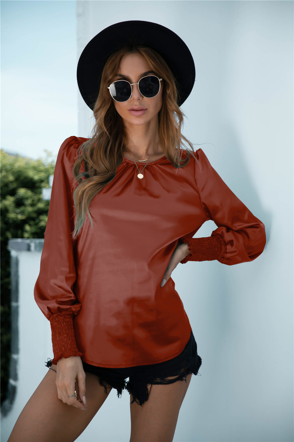 Ruched Round Neck Keyhole Back Blouse - Absolute Fashion 2020