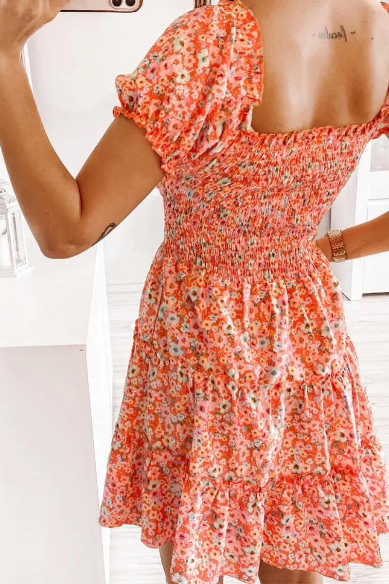 Square Neck Shirred Ruffle Hem Mini Dress - Absolute Fashion 2020