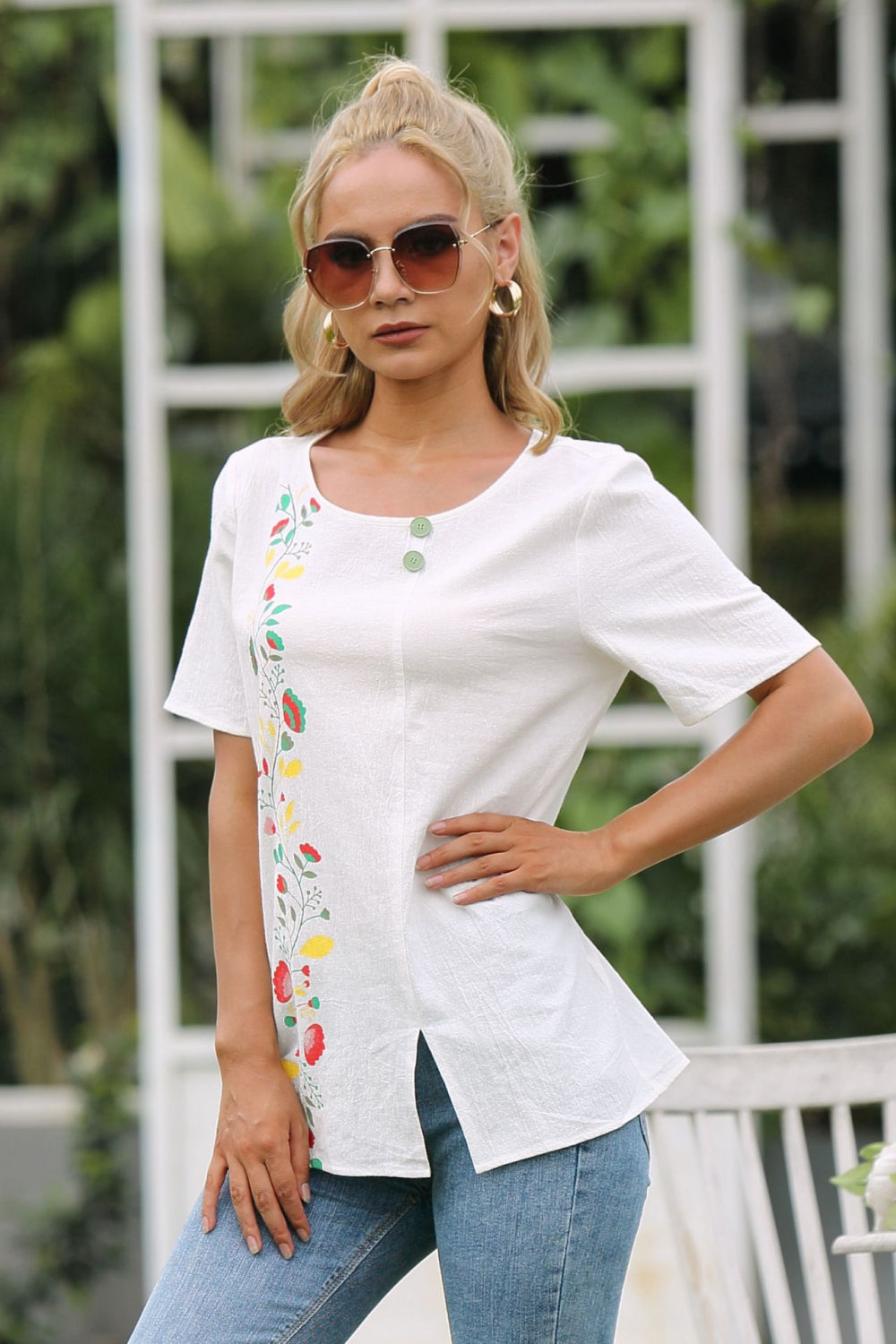 Floral Short Sleeve Slit Top