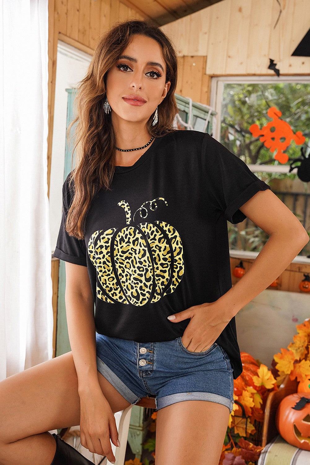 Halloween Leopard Pumpkin Graphic Cuffed Tee