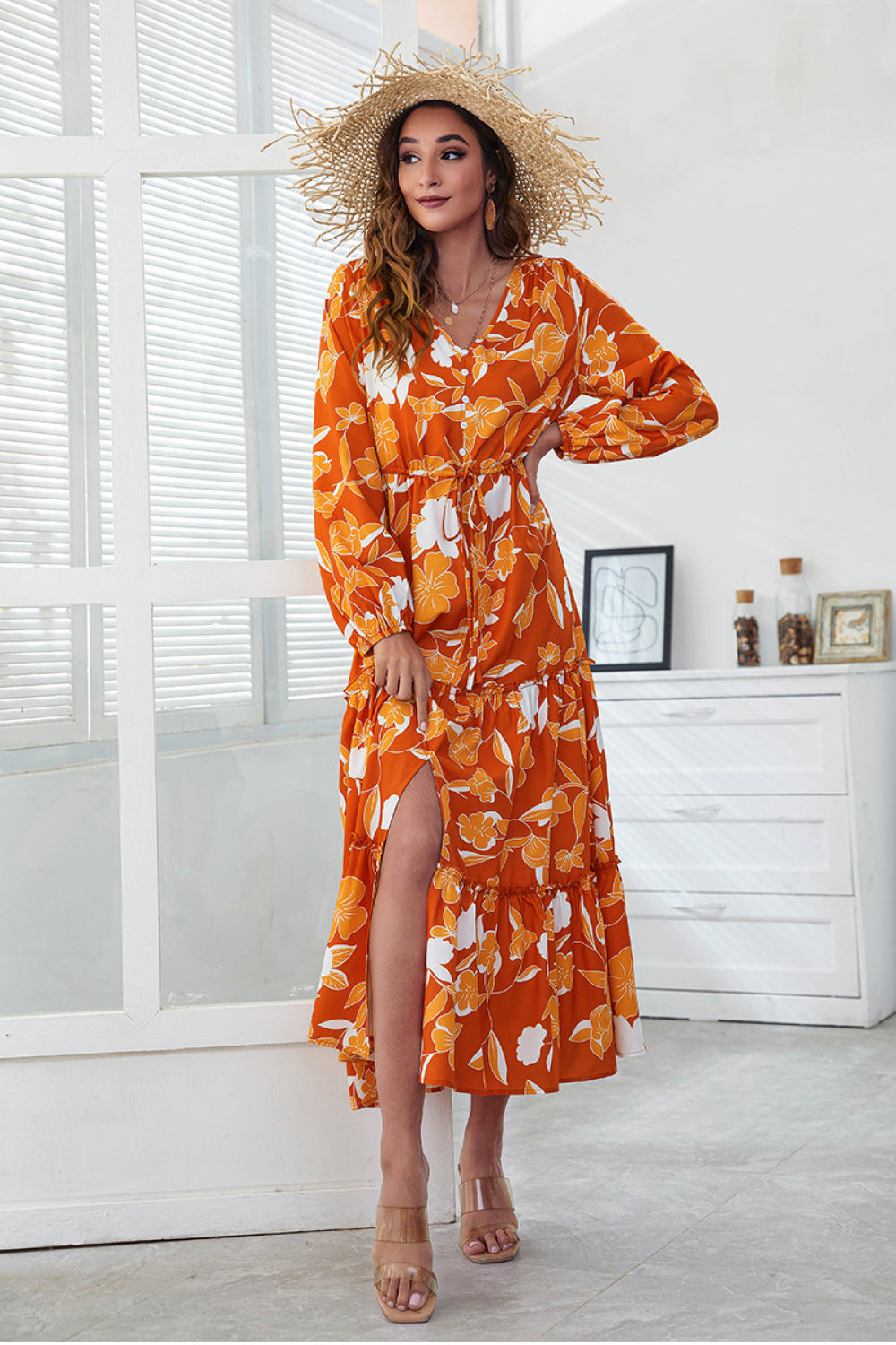 Floral Slit Hem Tiered Midi Dress
