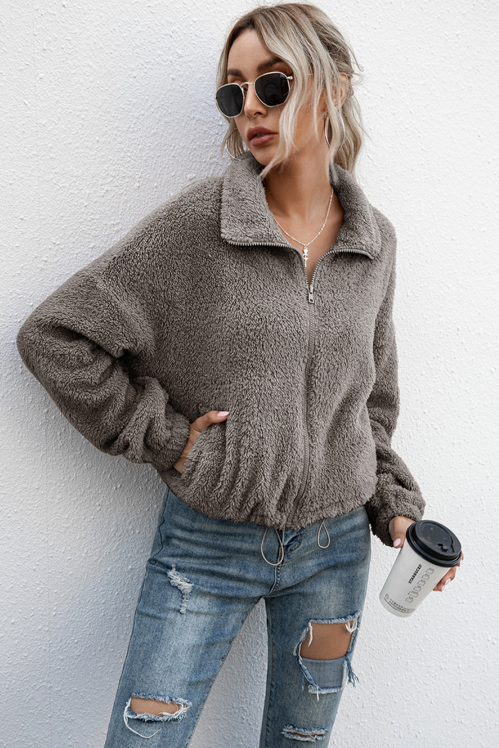 Drawstring Hem Zip Up Teddy Jacket - Absolute Fashion 2020