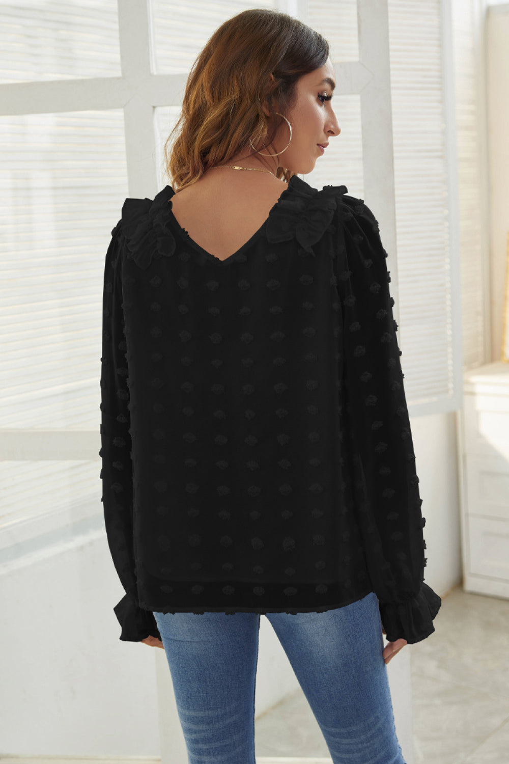 Swiss Dot V-Neck Ruffle Trim Blouse