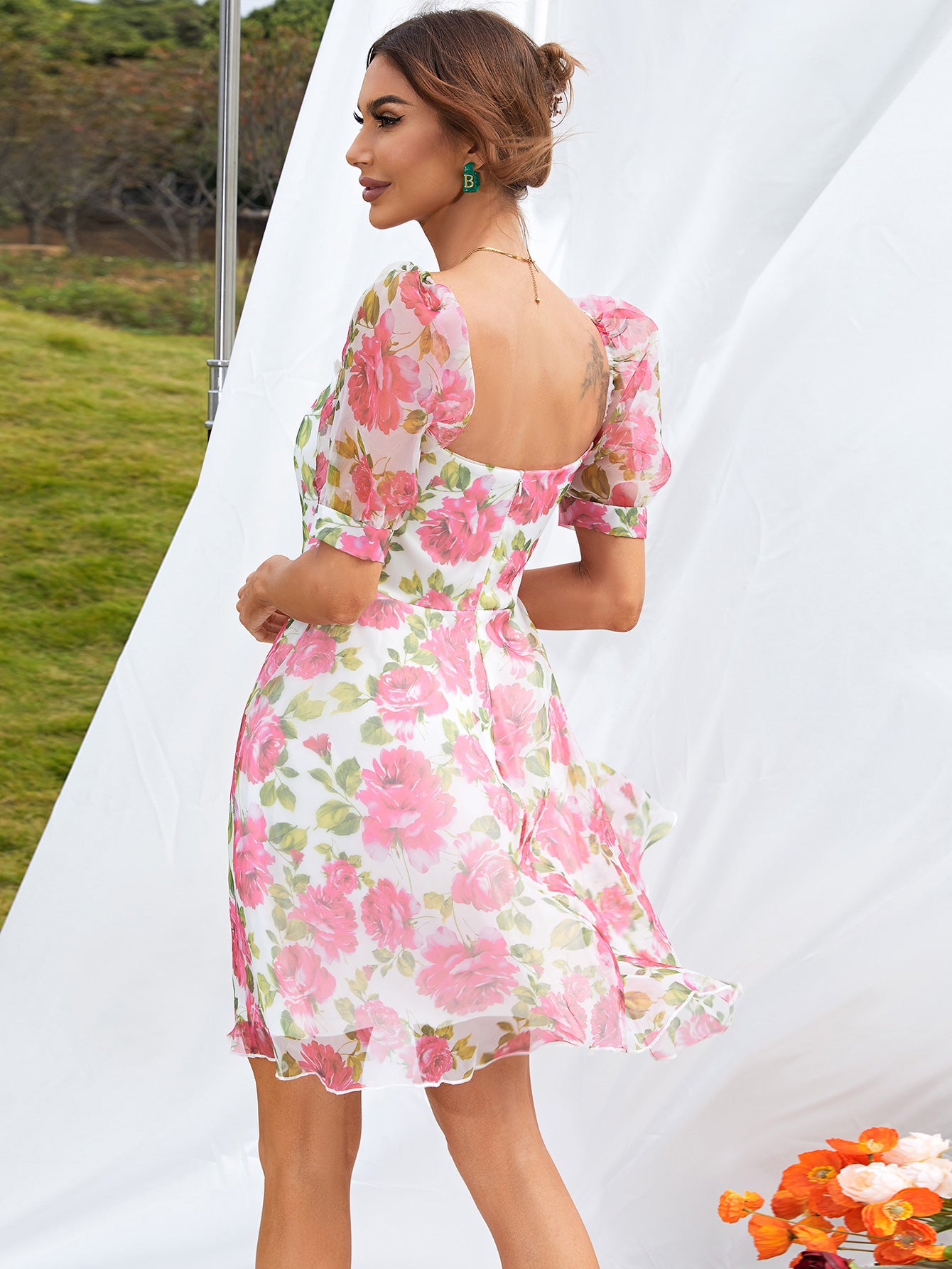 Floral Puff Sleeve Drawstring Detail Mini Dress