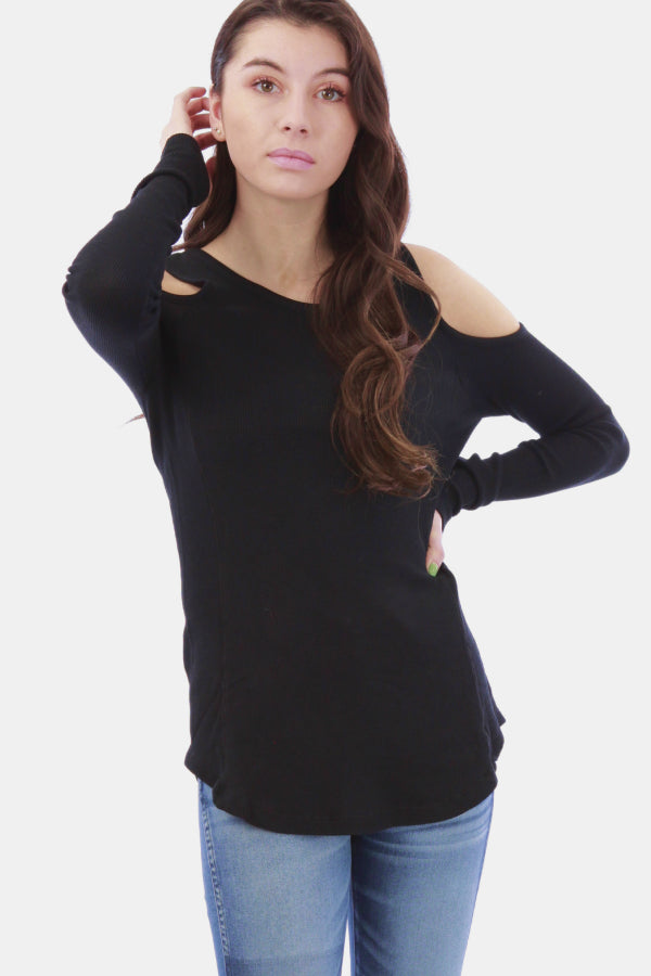Cold Shoulder Solid Thermal Knit Top