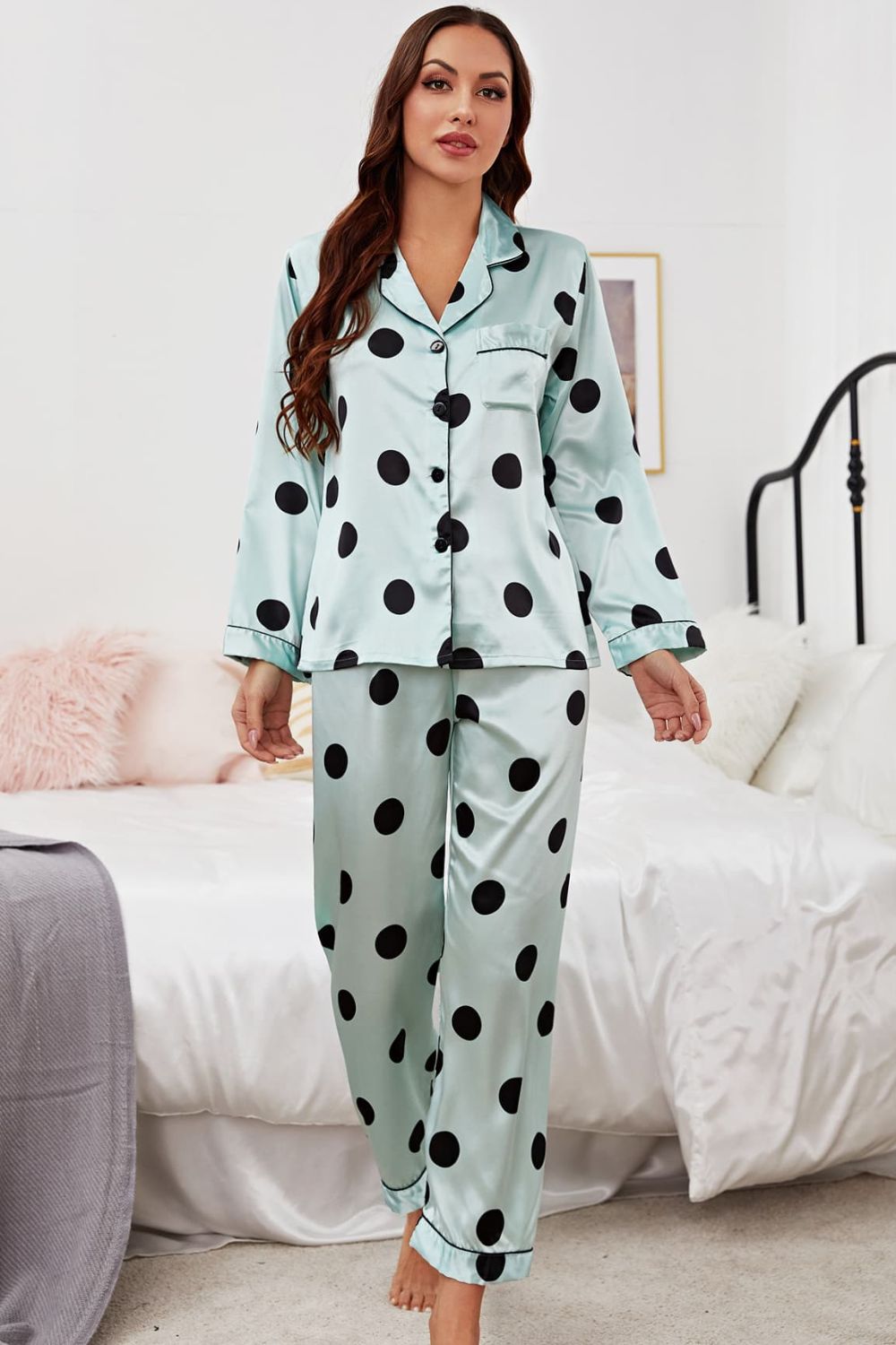 Satin Button-Up Lapel Collar Top and Pants Pajama Set