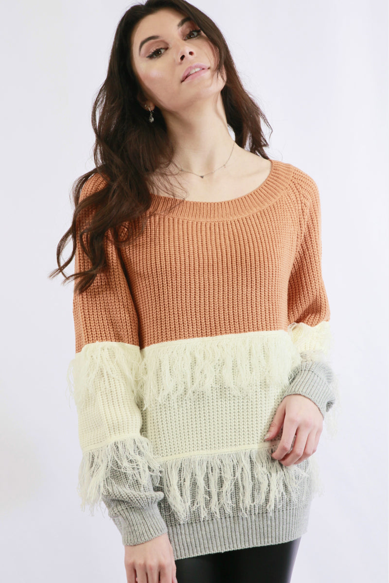Fringe Detail Color Block Sweater