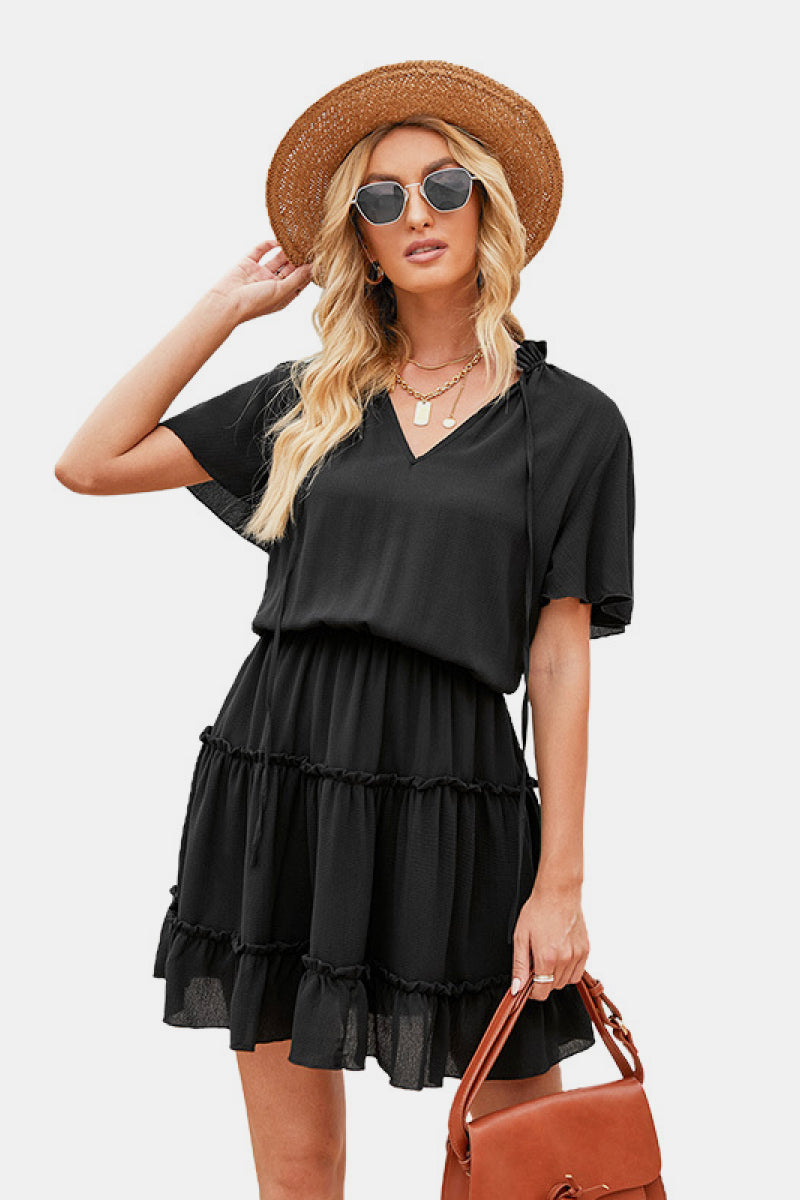 Tie Neck Ruffle Hem Tiered Dress - Absolute Fashion 2020
