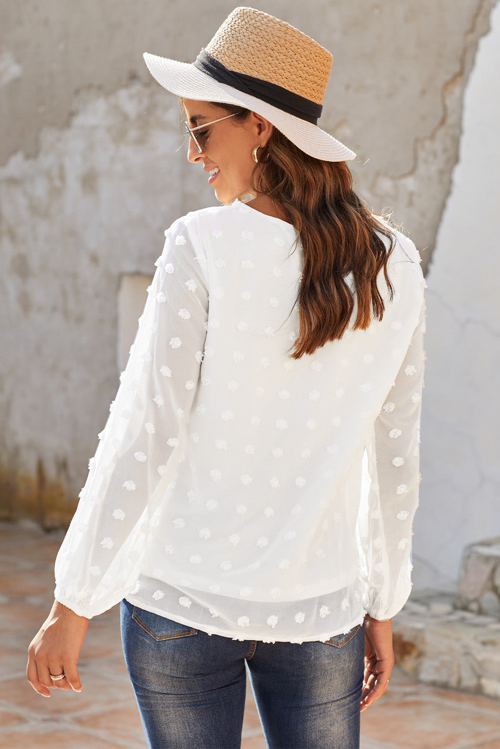 Swiss Dot Balloon Sleeve Crewneck Blouse - Absolute Fashion 2020