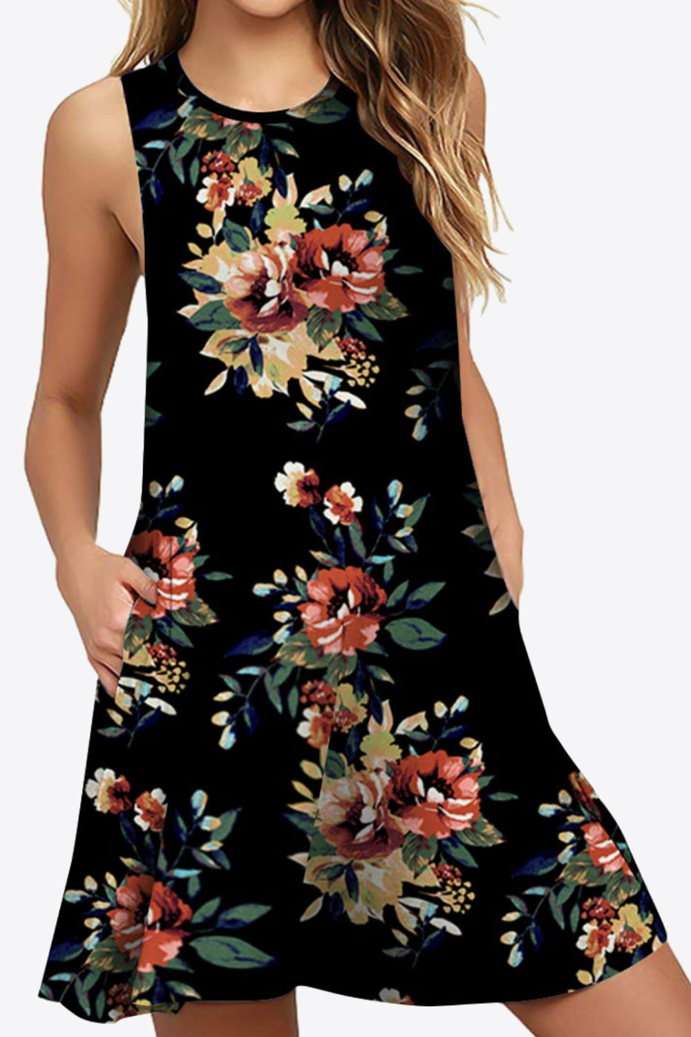 Full Size Printed Round Neck Sleeveless Dress