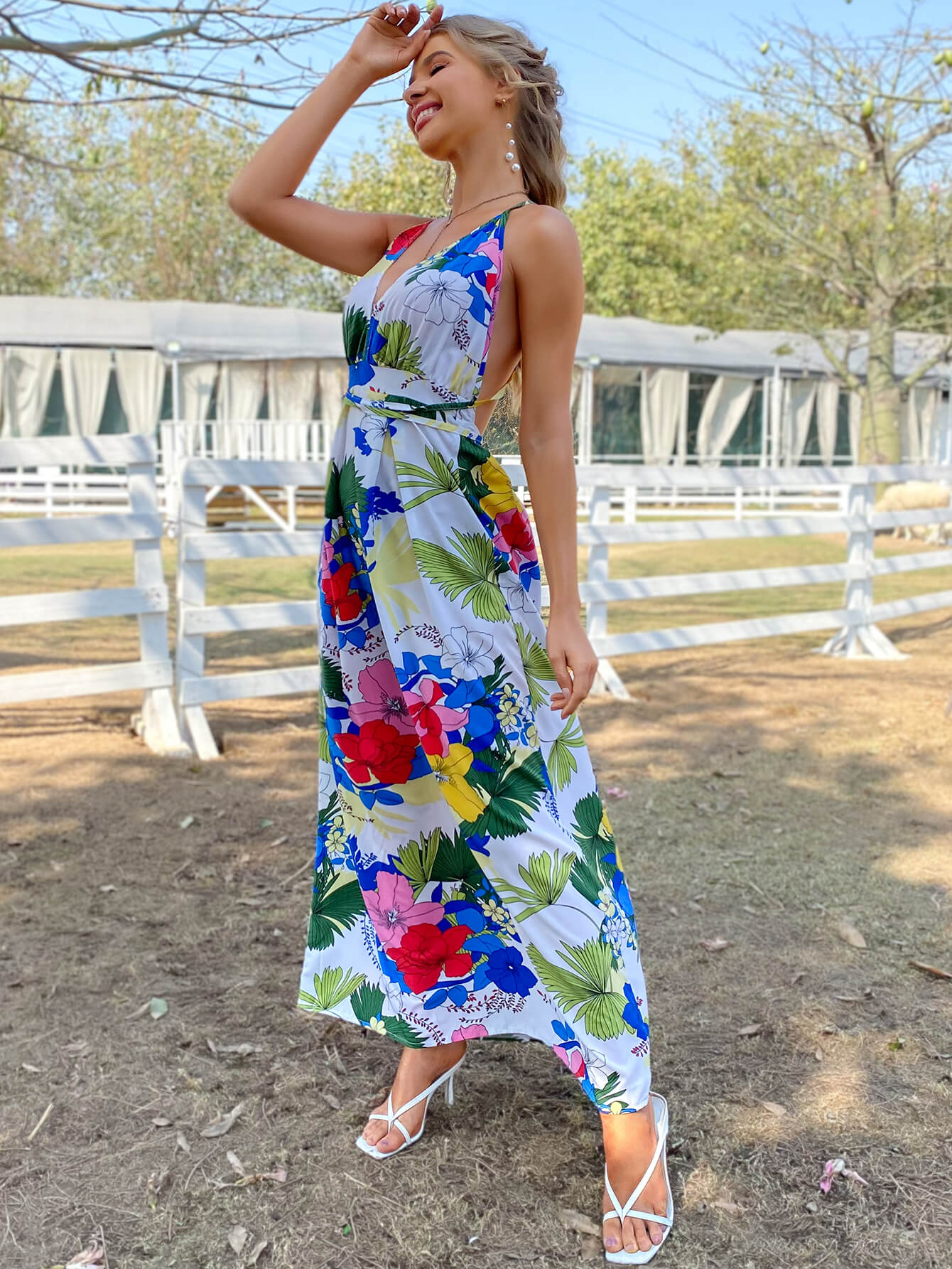 Floral Crisscross Backless Maxi Dress