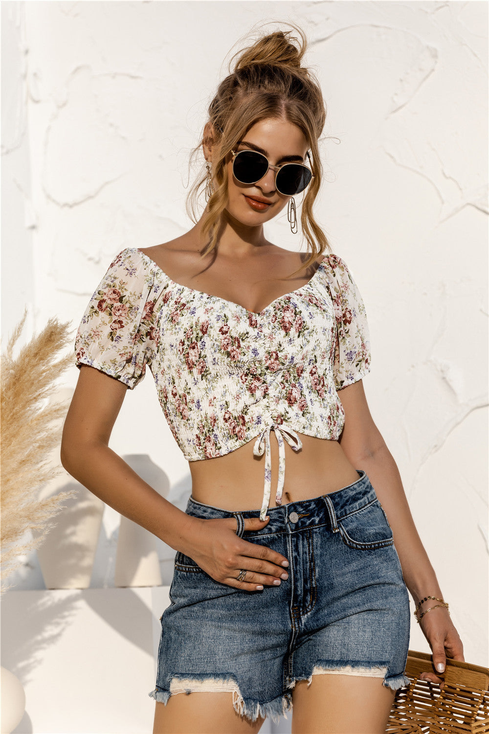 Floral Off Shoulder Drawstrings Crop Top - Absolute Fashion 2020